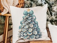 CapableByDesign oyster shell Christmas tree with aqua bow pillows and matching towels