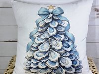 CapableByDesign oyster shell Christmas tree with aqua bow pillows and matching towels