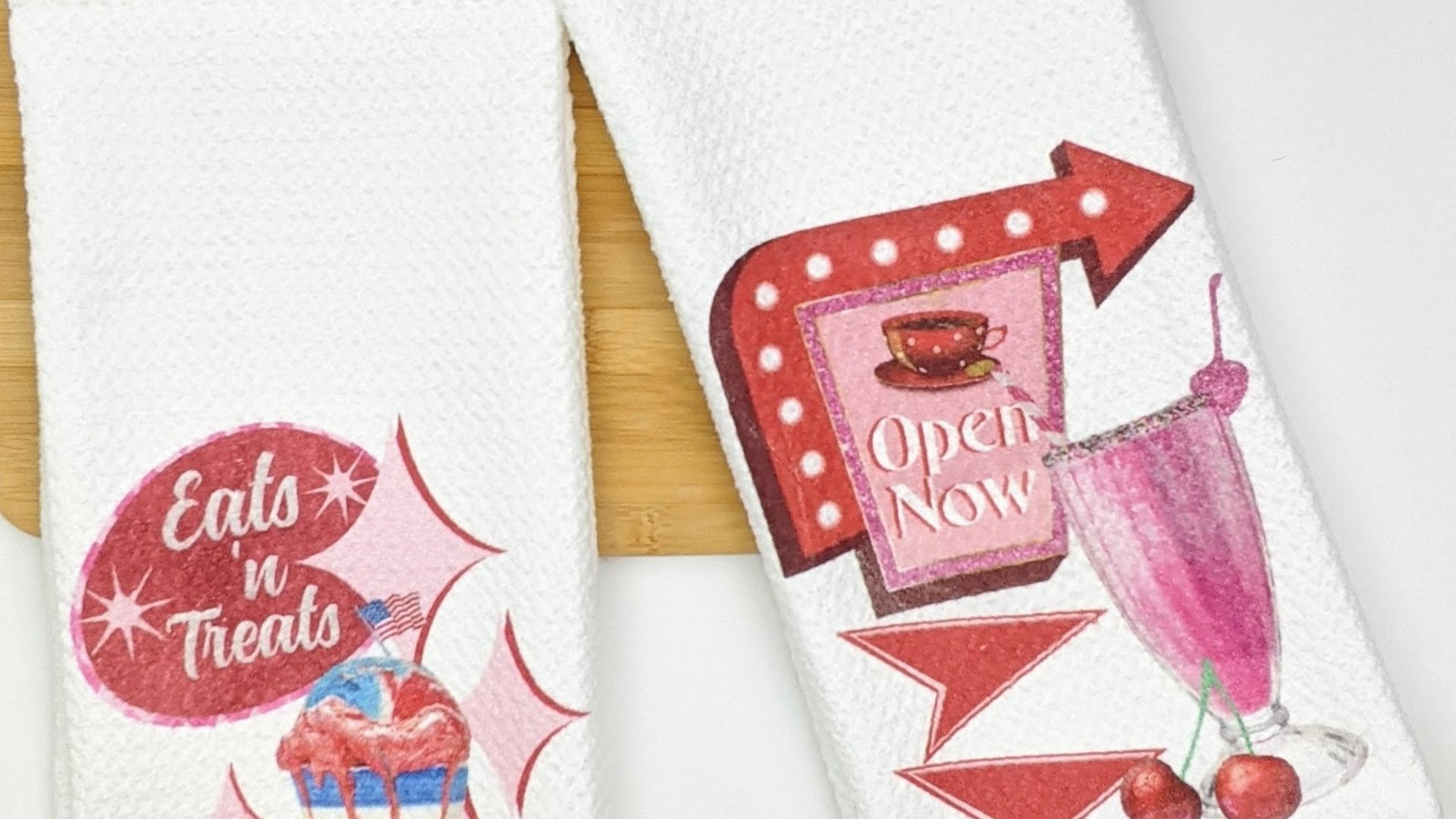 1950s inspired retro kitchen towels for mom, 50s diner decor, cute dish towels for drying dishes, sock hop decor, trendy Mothers day gifts