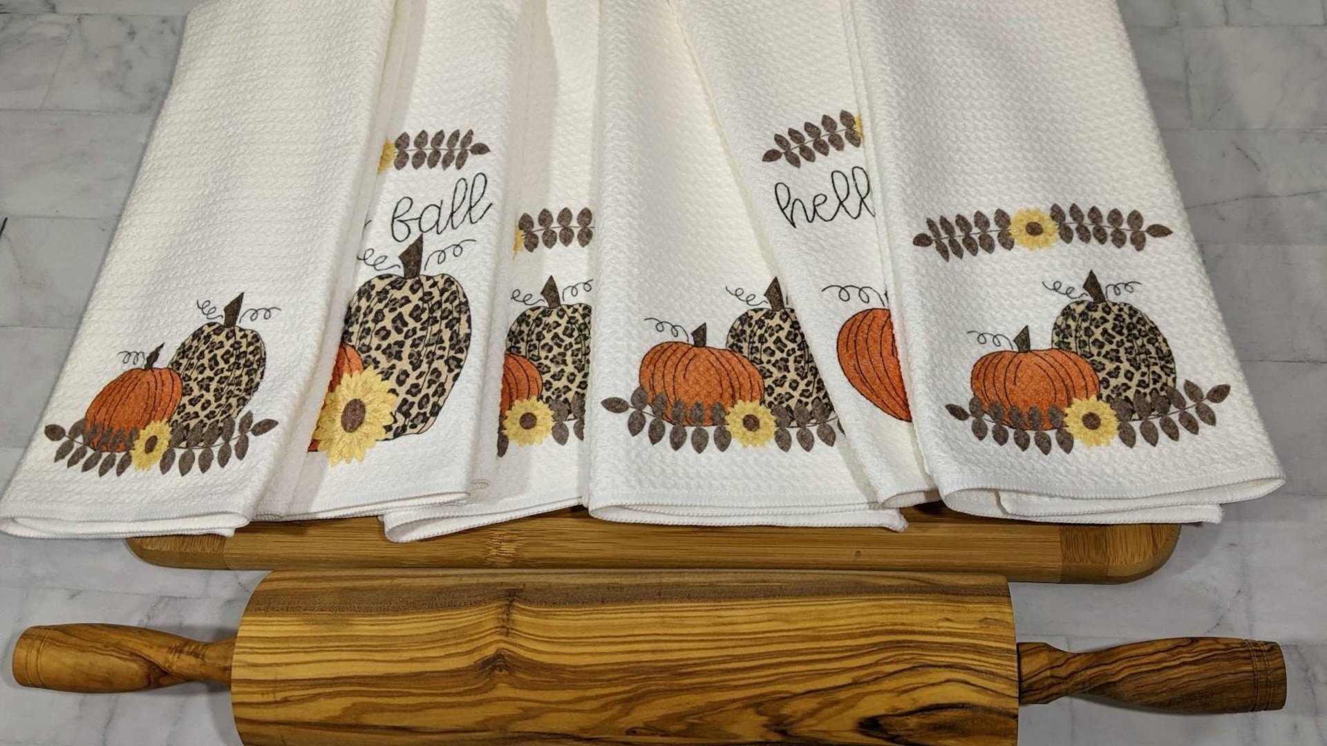 hello fall kitchen towel set, leopard pumpkin decor, sunflower gifts for Mom, new apartment gift for her, fall decorations for home, October