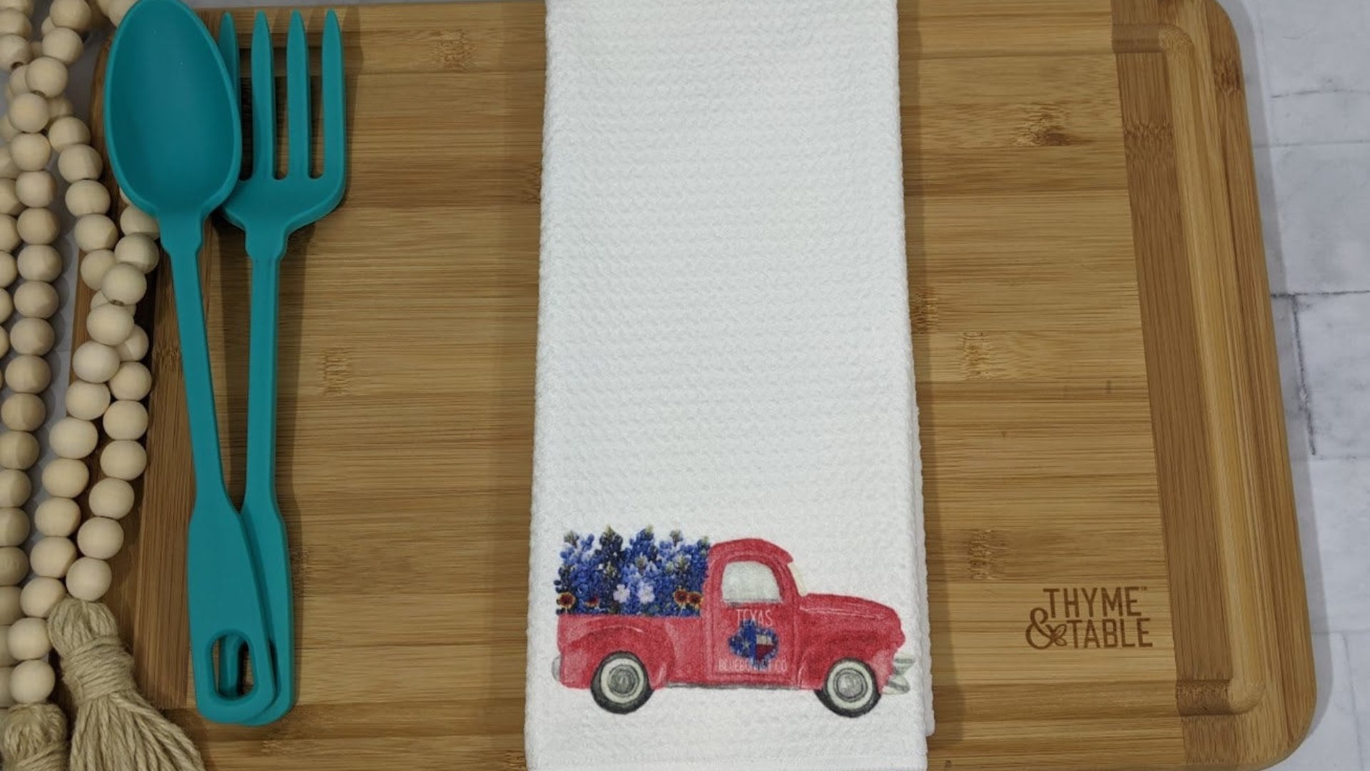 red truck farmhouse kitchen towel for Mom, Texas state flower bluebonnet gifts for women, moving to Texas gifts for her, wildflower hand
