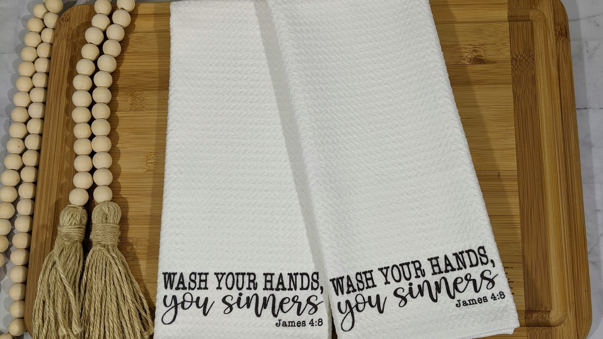 wash your hands and say your prayers funny bathroom hand towels, powder room decor, Christian humor James 4 8 Bible verse gifts for women