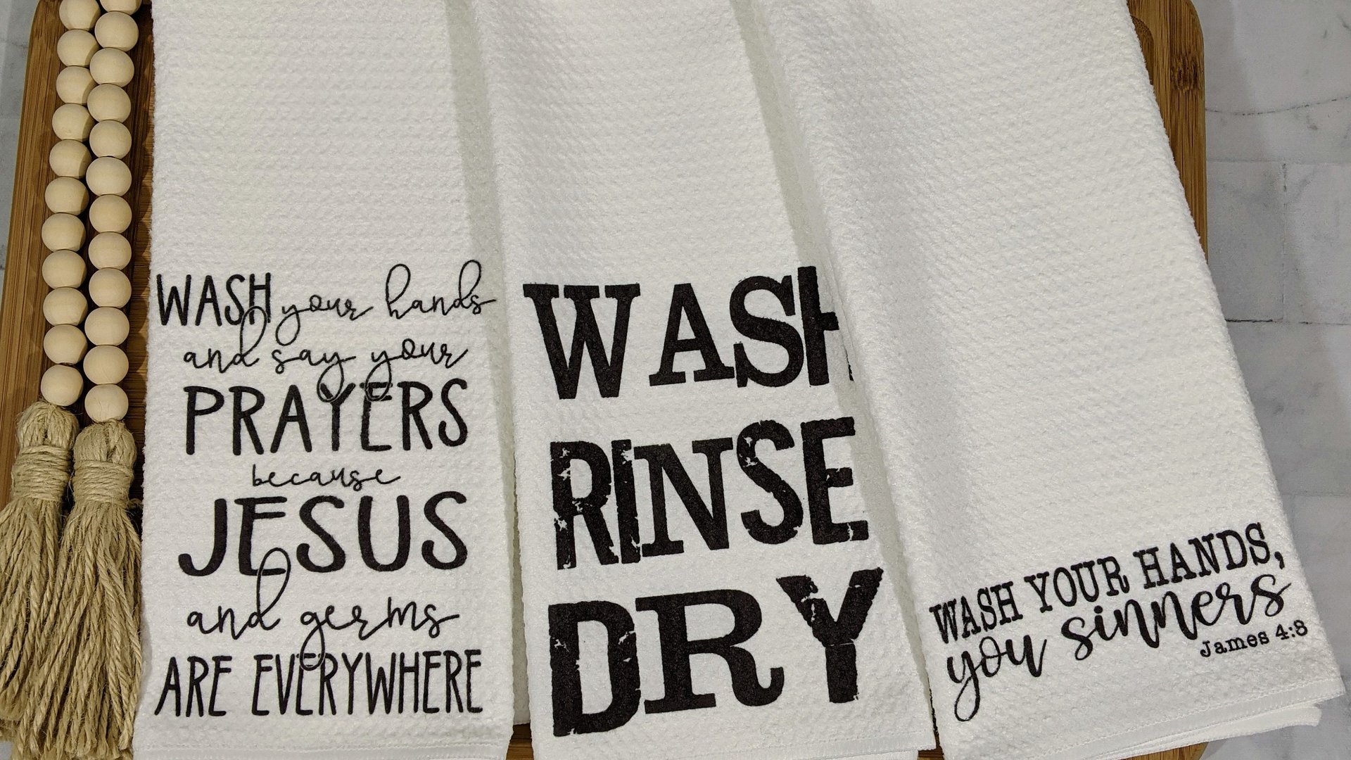 wash your hands and say your prayers funny bathroom hand towels, powder room decor, Christian humor James 4 8 Bible verse gifts for women