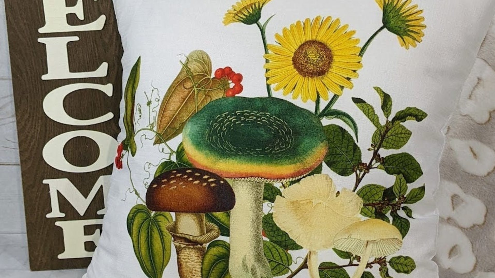 mushroom throw pillow for couch, toadstool decor, mushroomcore green academia mushroom kitchen towels, new apartment gift for her, nature
