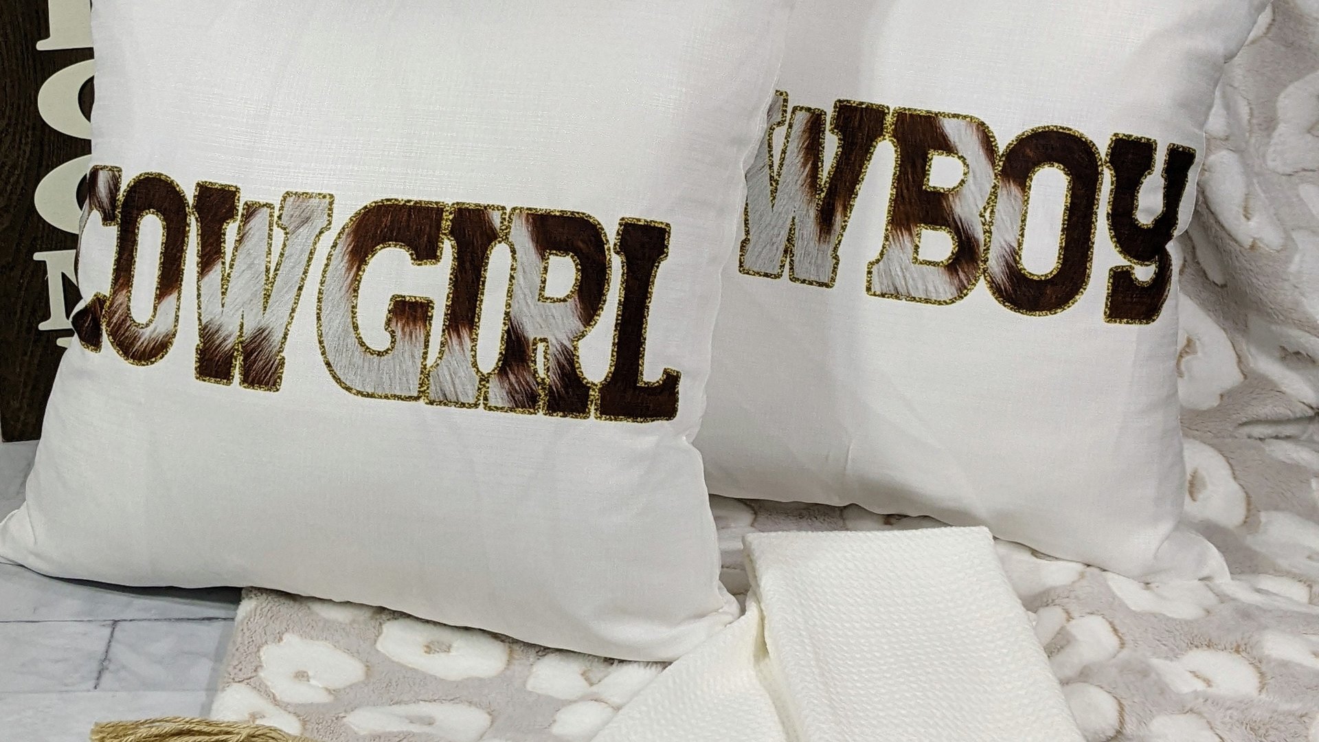 cowboy and cowgirl throw pillows for couch, country western wedding gift for couple, his and hers gifts, mr and mrs pillows, southwestern