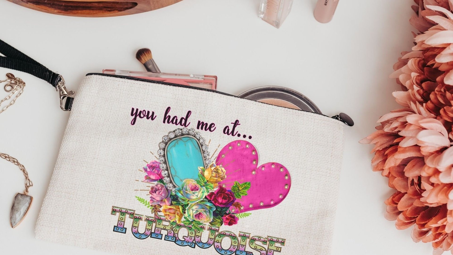 southwestern style makeup bags for purse, colorful roses floral cosmetic bags for women, stocking stuffers for teenage girls Christmas gifts