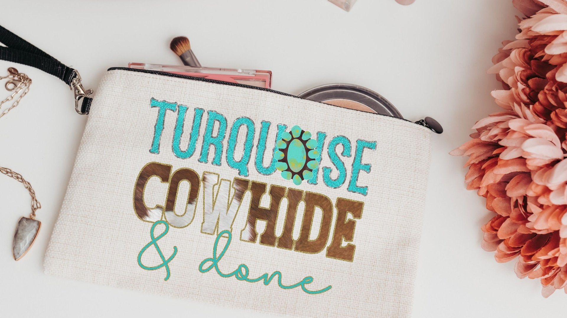 turquoise cowhide cosmetic bag for women, western makeup bag for purse, country bridesmaid gifts set of 6, western bridal shower favors best