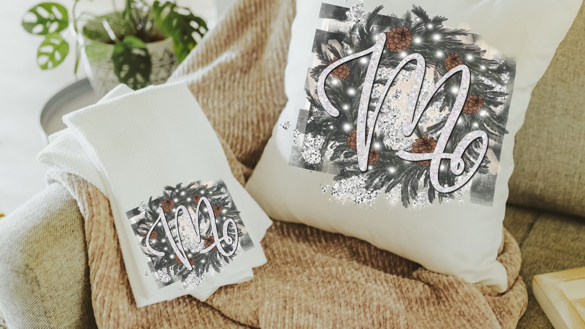 personalized gray buffalo plaid throw pillows for couch, winter wedding gifts for couple, custom initial throw pillow for sofa, Christmas