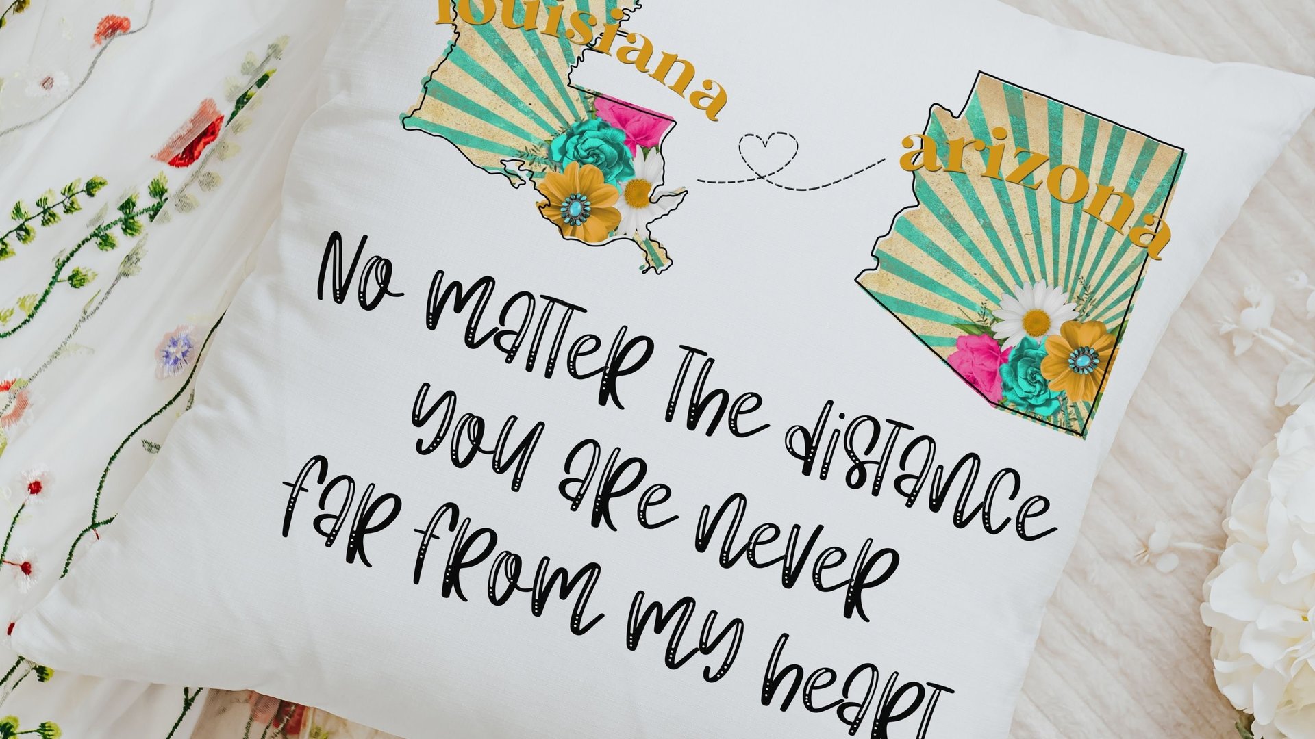 no matter the distance throw pillows for couch, long distance relationship gift for girlfriend, moving away gift for best friend, two states