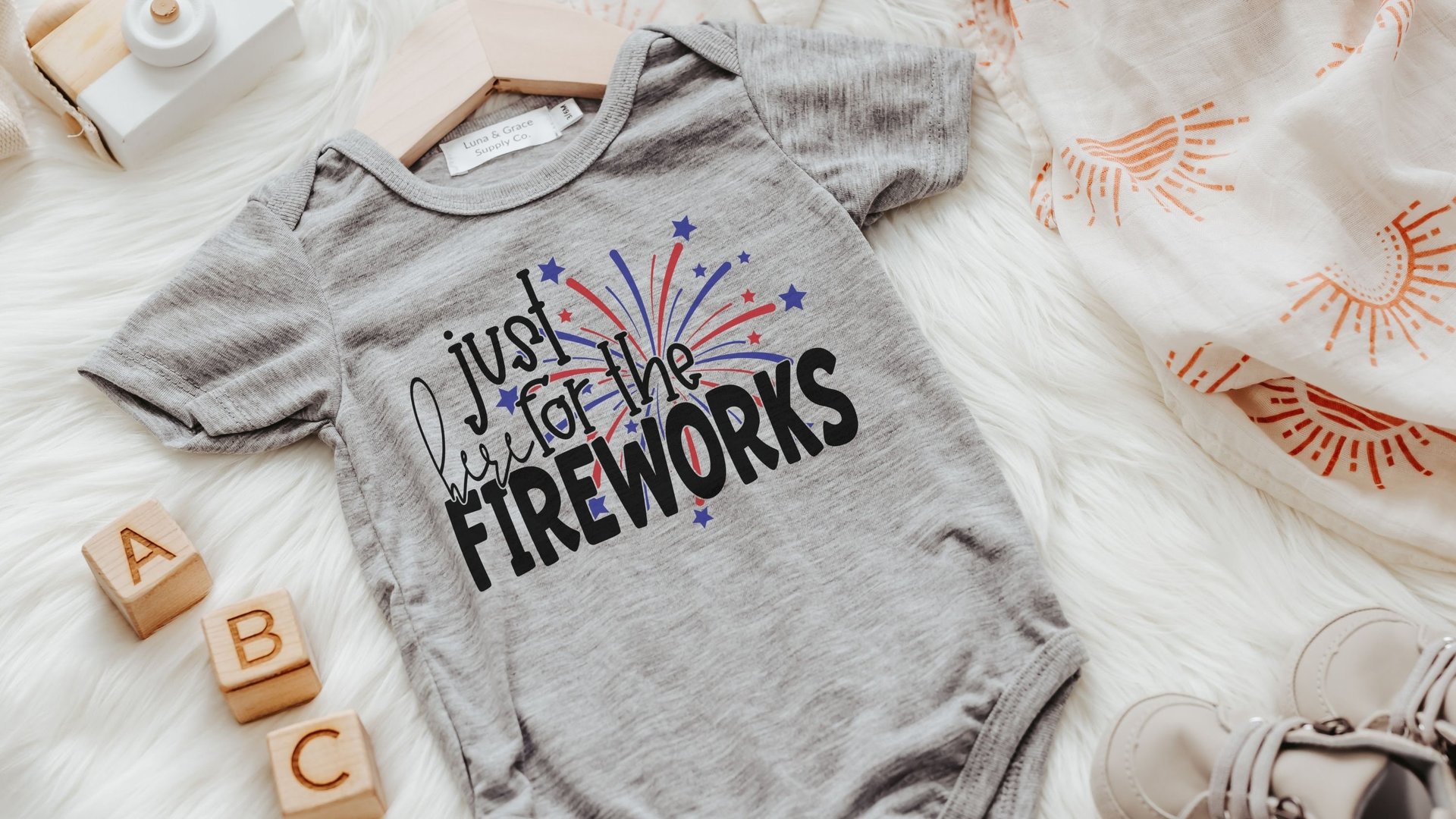 patriotic newborn fireworks outfit, just here for the fireworks bodysuit, July baby outfit boy, for girl, patriotic gift for babies, best