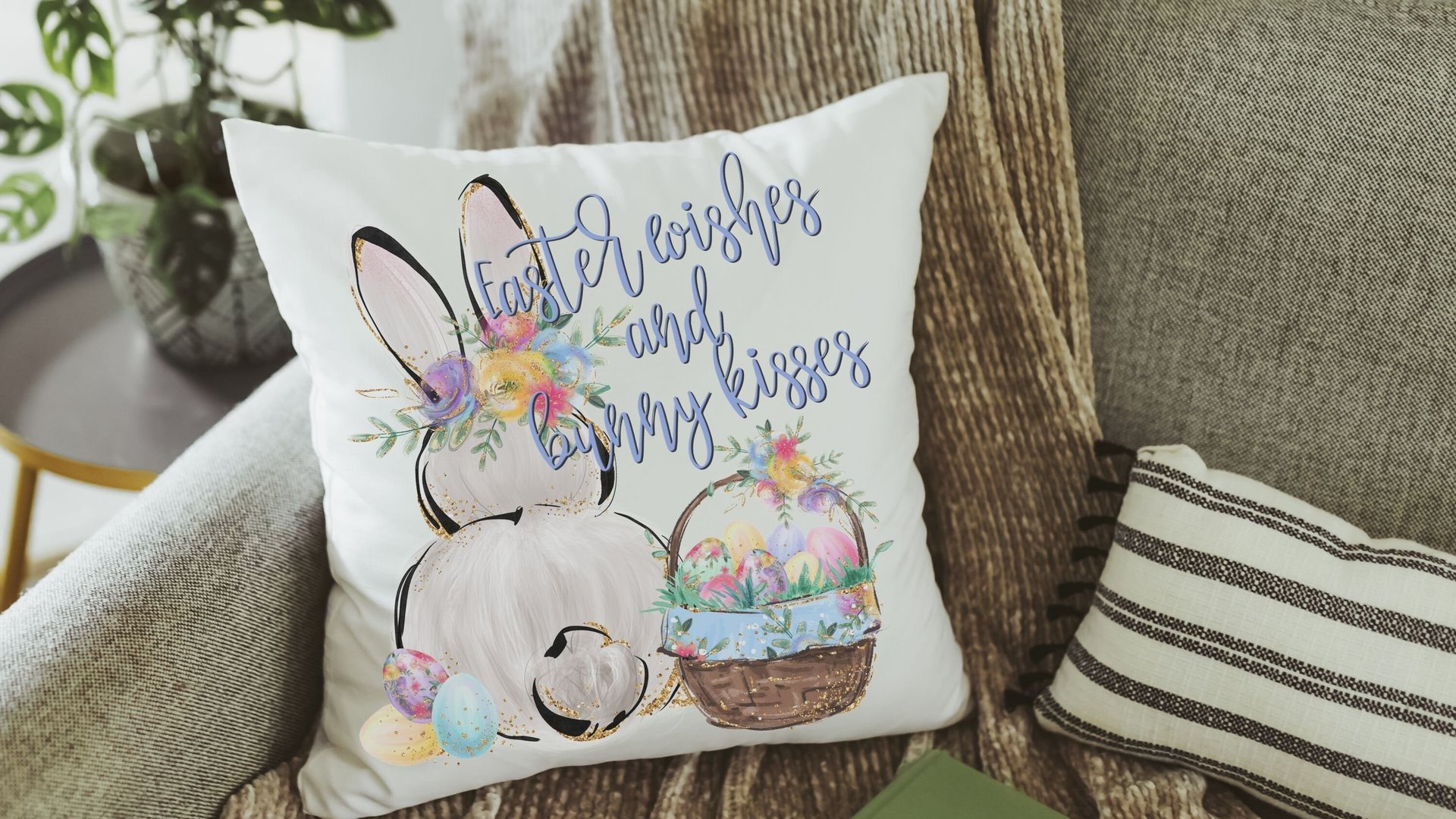 Easter wishes and bunny kisses watercolor Easter throw pillows for sofa, floral Easter bunny kitchen towels cute Easter gifts for wife, best