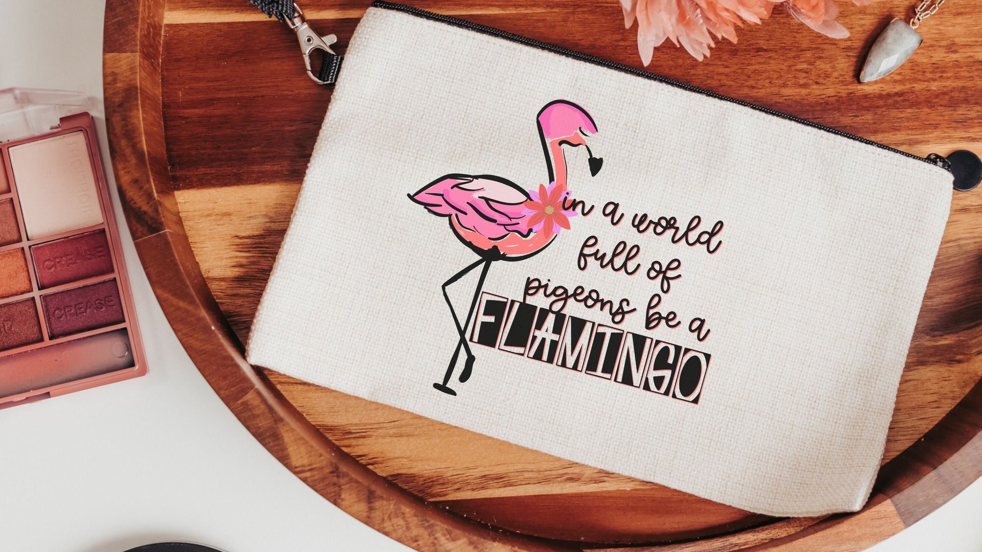 in a world full of pigeons be a flamingo cosmetic bag for purse, cute flamingo makeup bag for women, Easter basket stuffers for teenage girl
