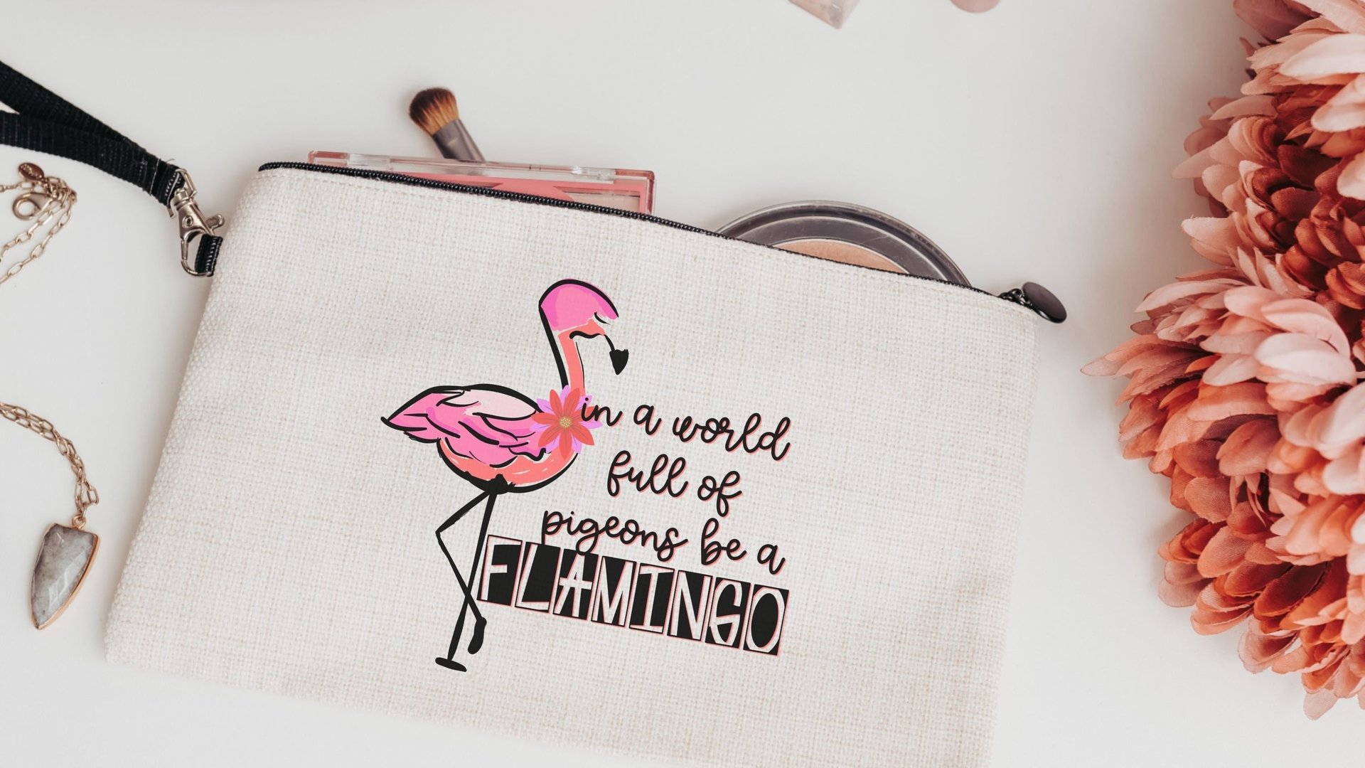 in a world full of pigeons be a flamingo cosmetic bag for purse, cute flamingo makeup bag for women, Easter basket stuffers for teenage girl