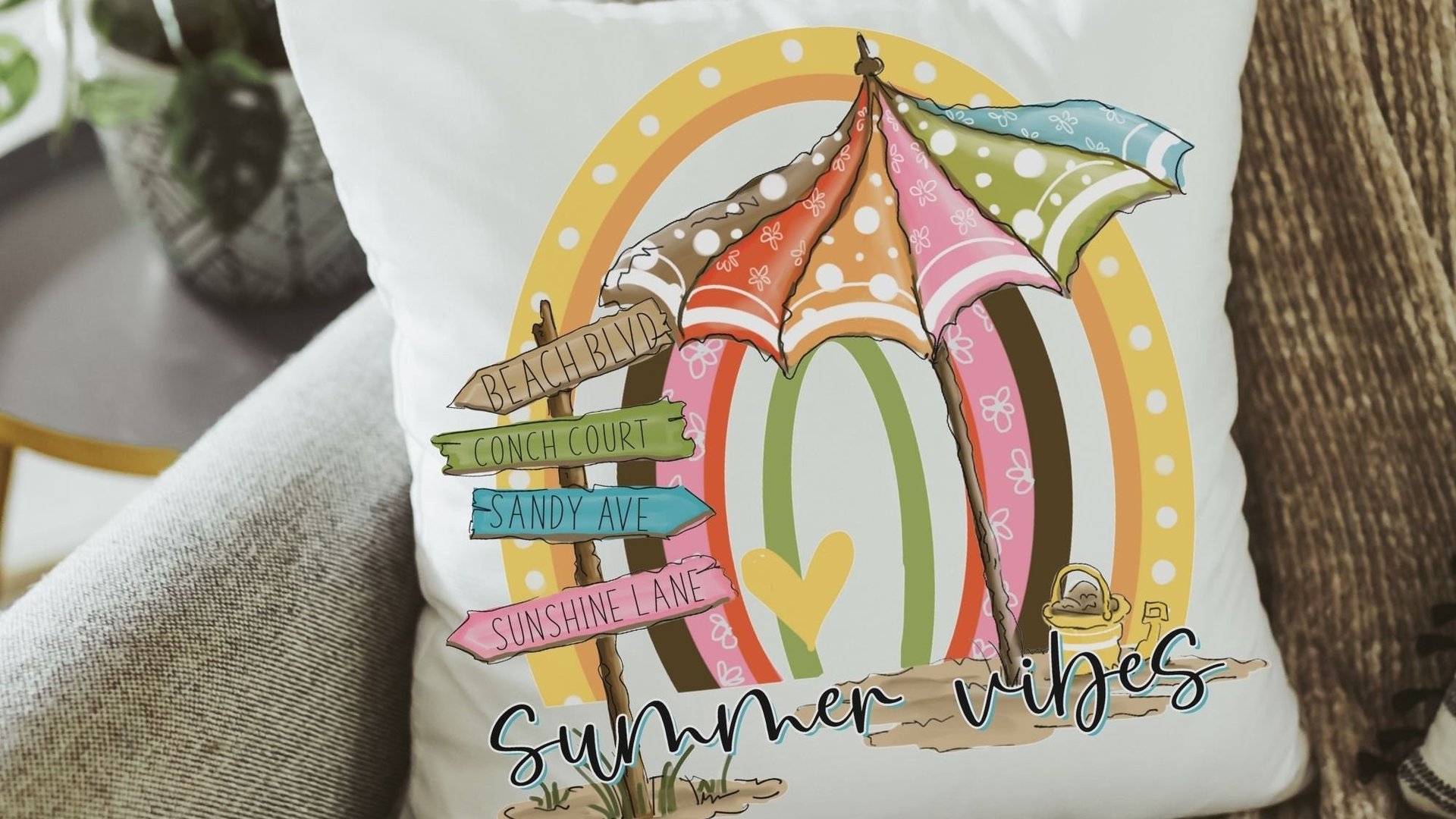 summer vibes throw pillows for couch, beach house decor for kitchen, summer decor for home, beachy rainbow kitchen hand towels, 70s inspired