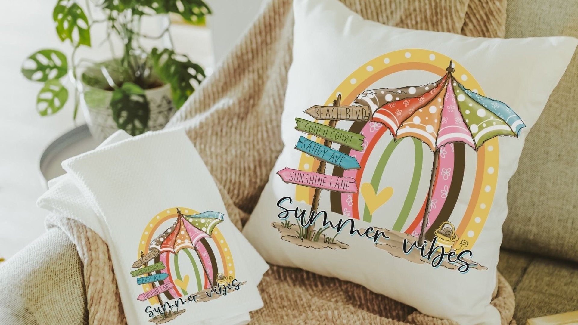 summer vibes throw pillows for couch, beach house decor for kitchen, summer decor for home, beachy rainbow kitchen hand towels, 70s inspired