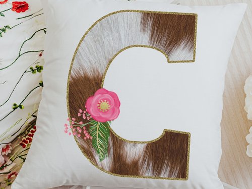 initial cowhide throw pillows for couch, country wedding gift for couple, new home gift set, personalized floral cowhide kitchen towels set