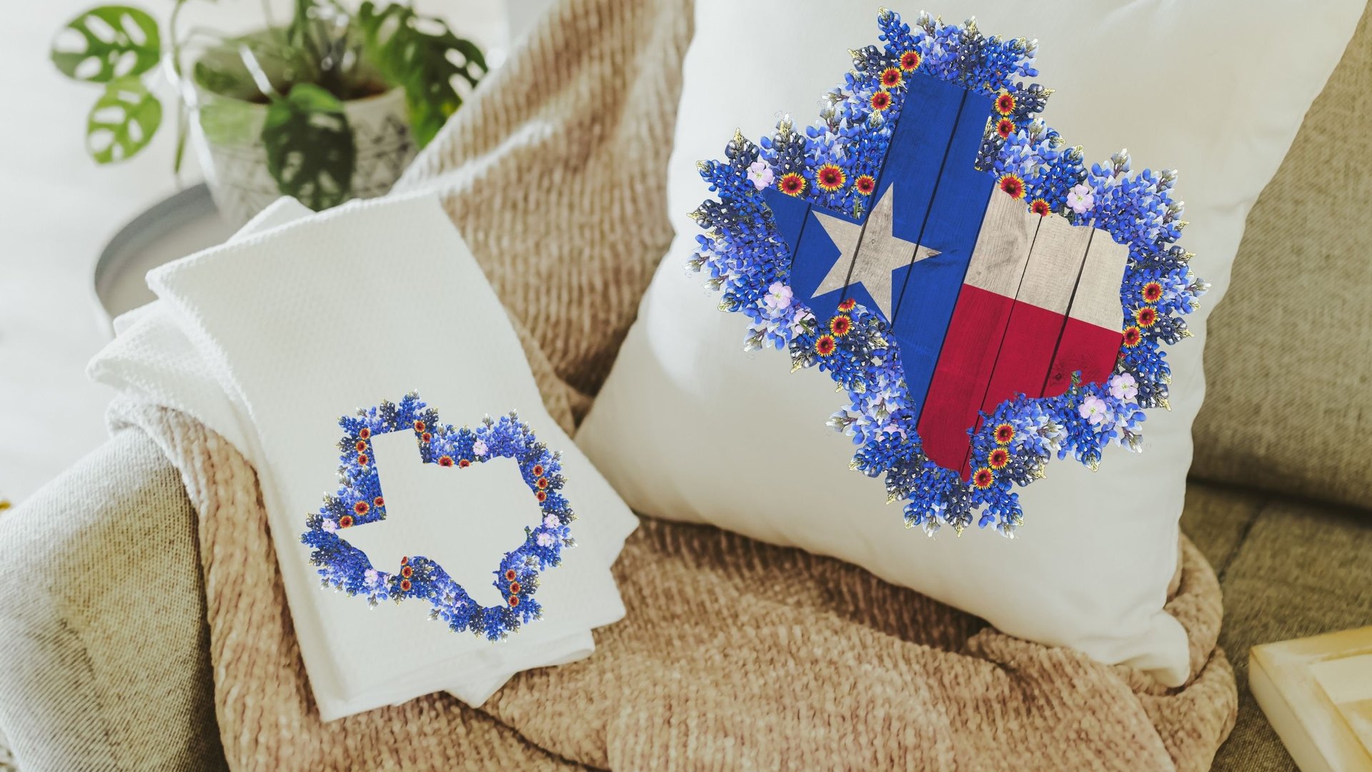 Texas bluebonnets kitchen towel for gifts, Texas state flower kitchen decor, cute Texas gifts for women, floral Texas flag hand towel for