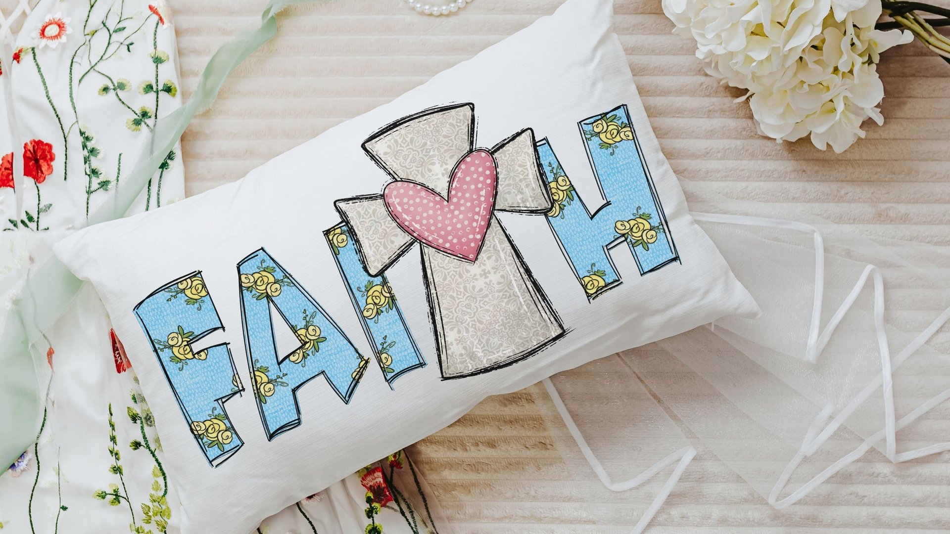 faith pillow cover 12x20, lumbar pillow for bed, Christian Christmas gifts for women, cross throw pillow cover 12 x 20, godmother gift from