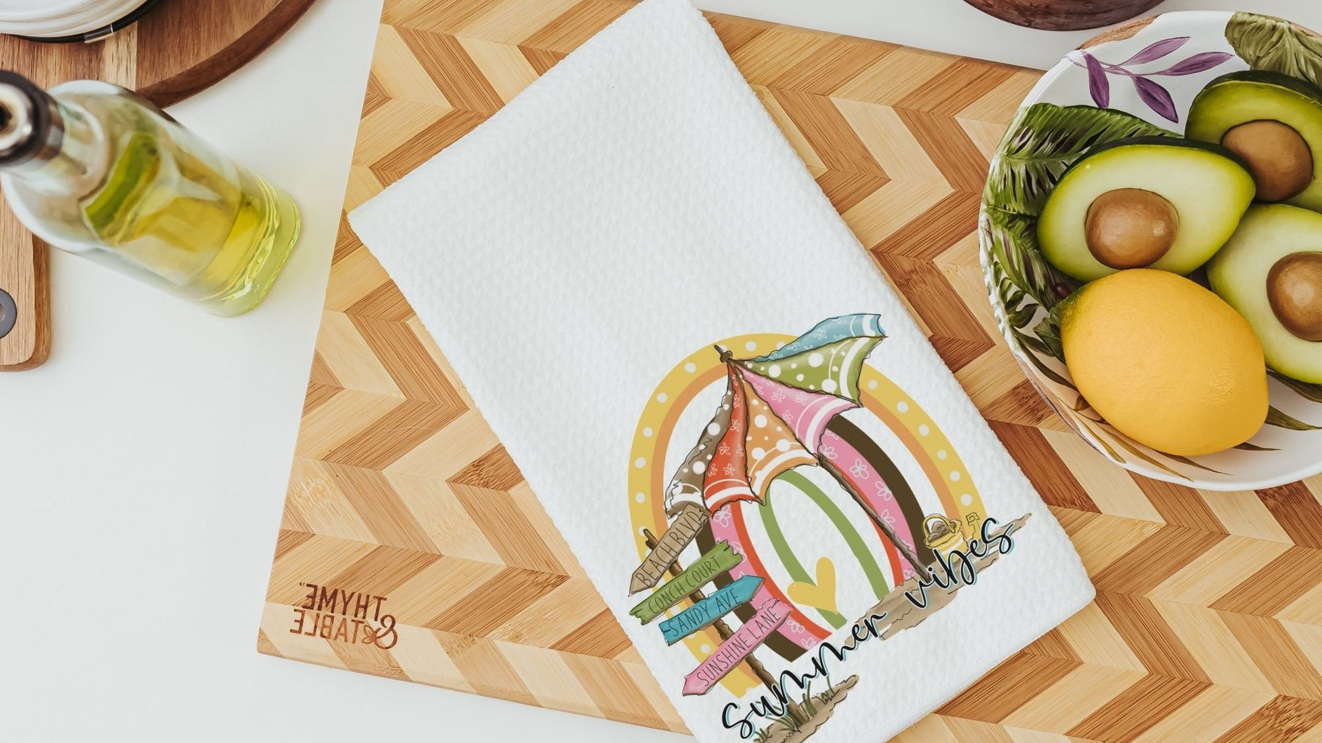 summer vibes throw pillows for couch, beach house decor for kitchen, summer decor for home, beachy rainbow kitchen hand towels, 70s inspired