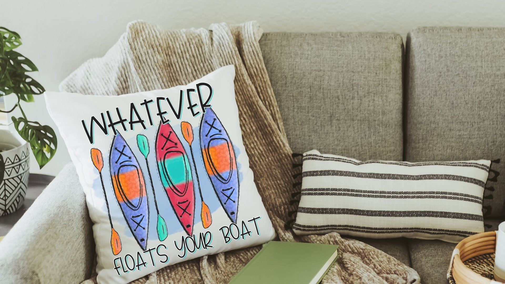 whatever floats your boat lake life throw pillows for couch, kayak gifts, summer decor for home, lake house decor, outdoorsy gifts for women