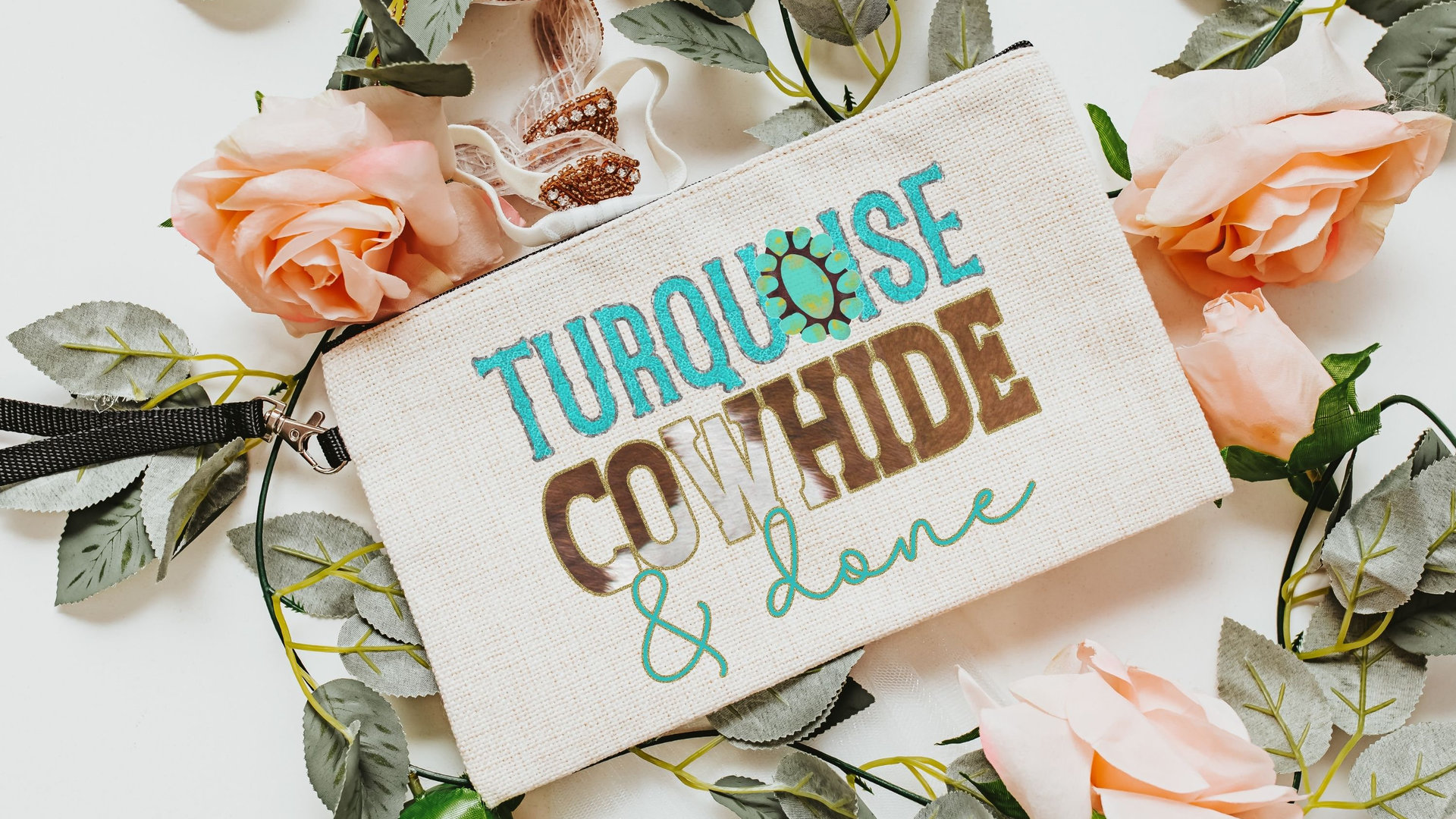 turquoise cowhide cosmetic bag for women, western makeup bag for purse, country bridesmaid gifts set of 6, western bridal shower favors best