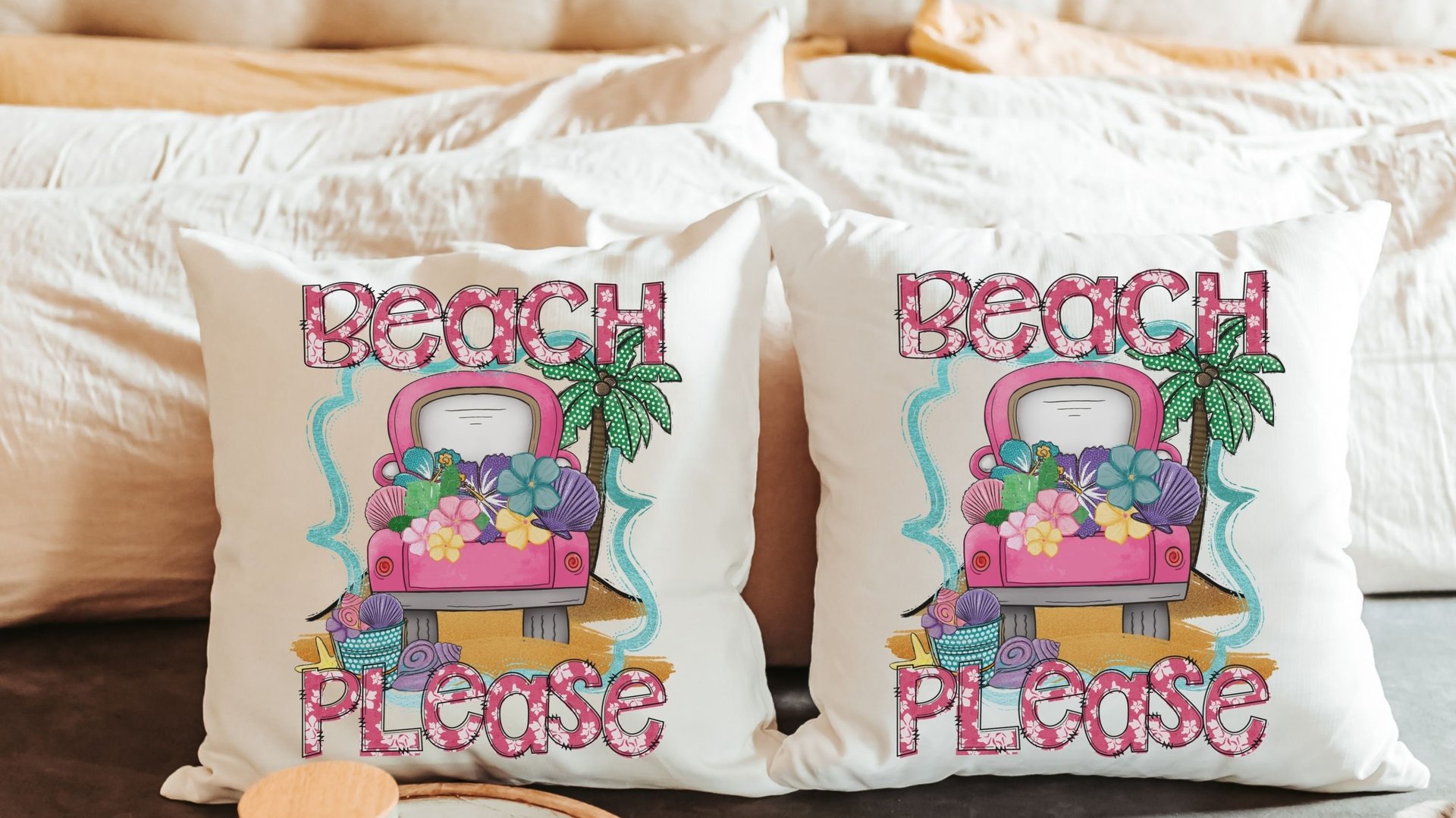 beach please summer truck throw pillows for sofa, sunroom decor, tropical throw pillow cover 18x18, bungalow decor, beach lover gift, funny