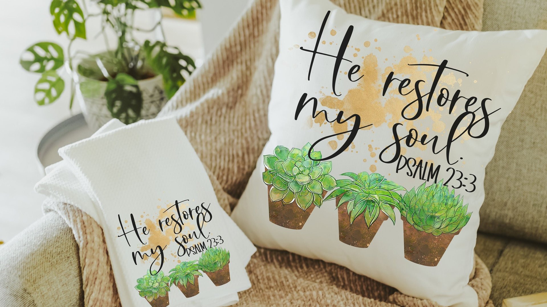 he restores my soul succulent throw pillow for bedroom, Psalm 23 gift, Bible verse throw pillow covers 18 x 18, Christian gifts for sister