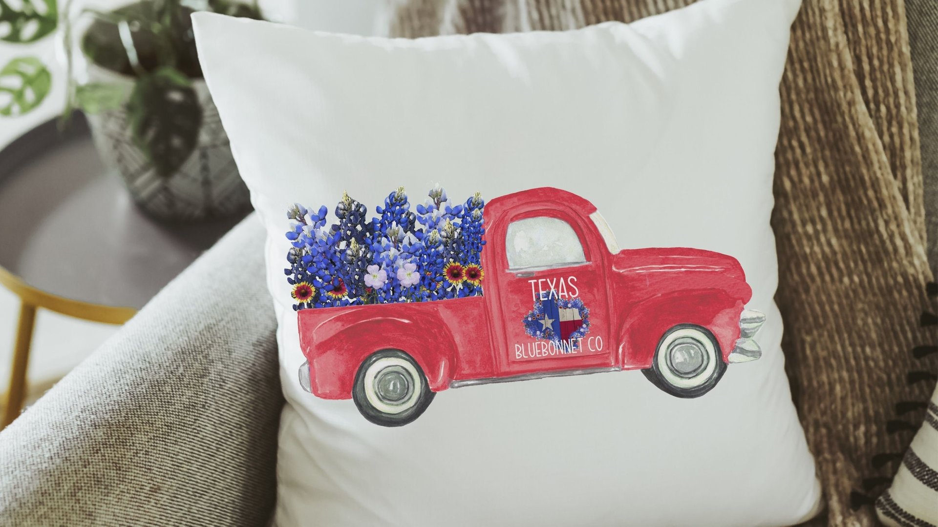 red truck farmhouse throw pillow for couch, Texas bluebonnet gifts, floral Texas hand towels for bathroom, moving to Texas gifts for women