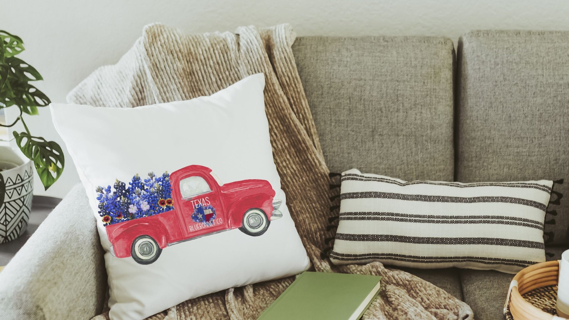 red truck farmhouse throw pillow for couch, Texas bluebonnet gifts, floral Texas hand towels for bathroom, moving to Texas gifts for women