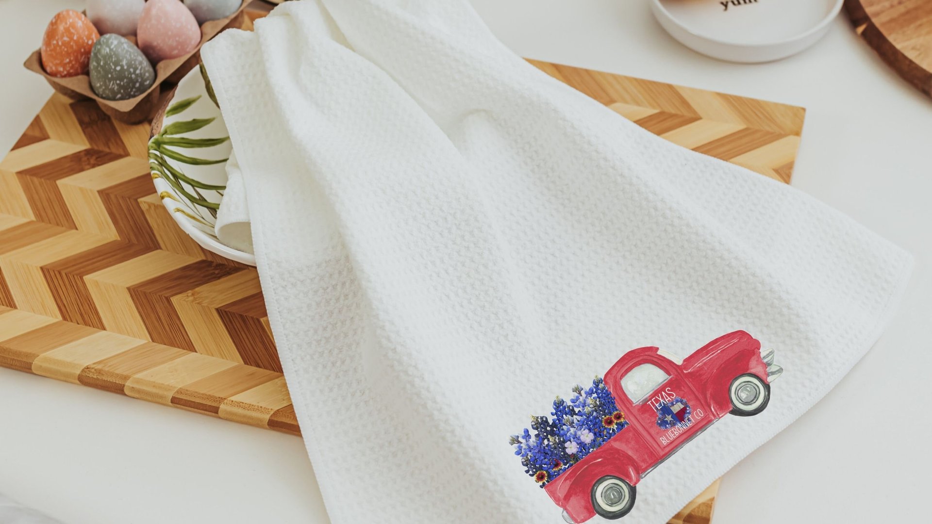 red truck farmhouse kitchen towel for Mom, Texas state flower bluebonnet gifts for women, moving to Texas gifts for her, wildflower hand