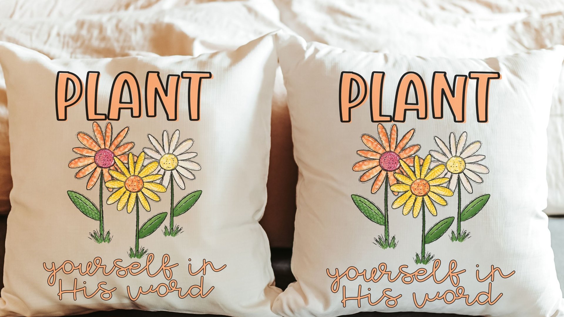 plant yourself in His word Christian throw pillows for living room, Christian Christmas gifts for gardeners, colorful daisy throw pillow