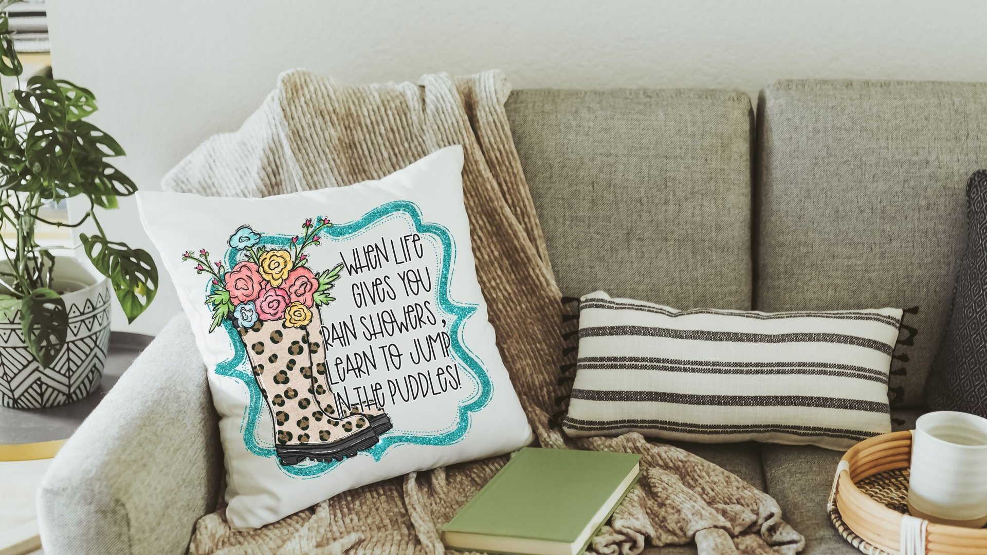 learn to jump in the puddles Spring throw pillows for couch, inspirational pillow to my daughter, whimsical kids reading nook decor, trendy