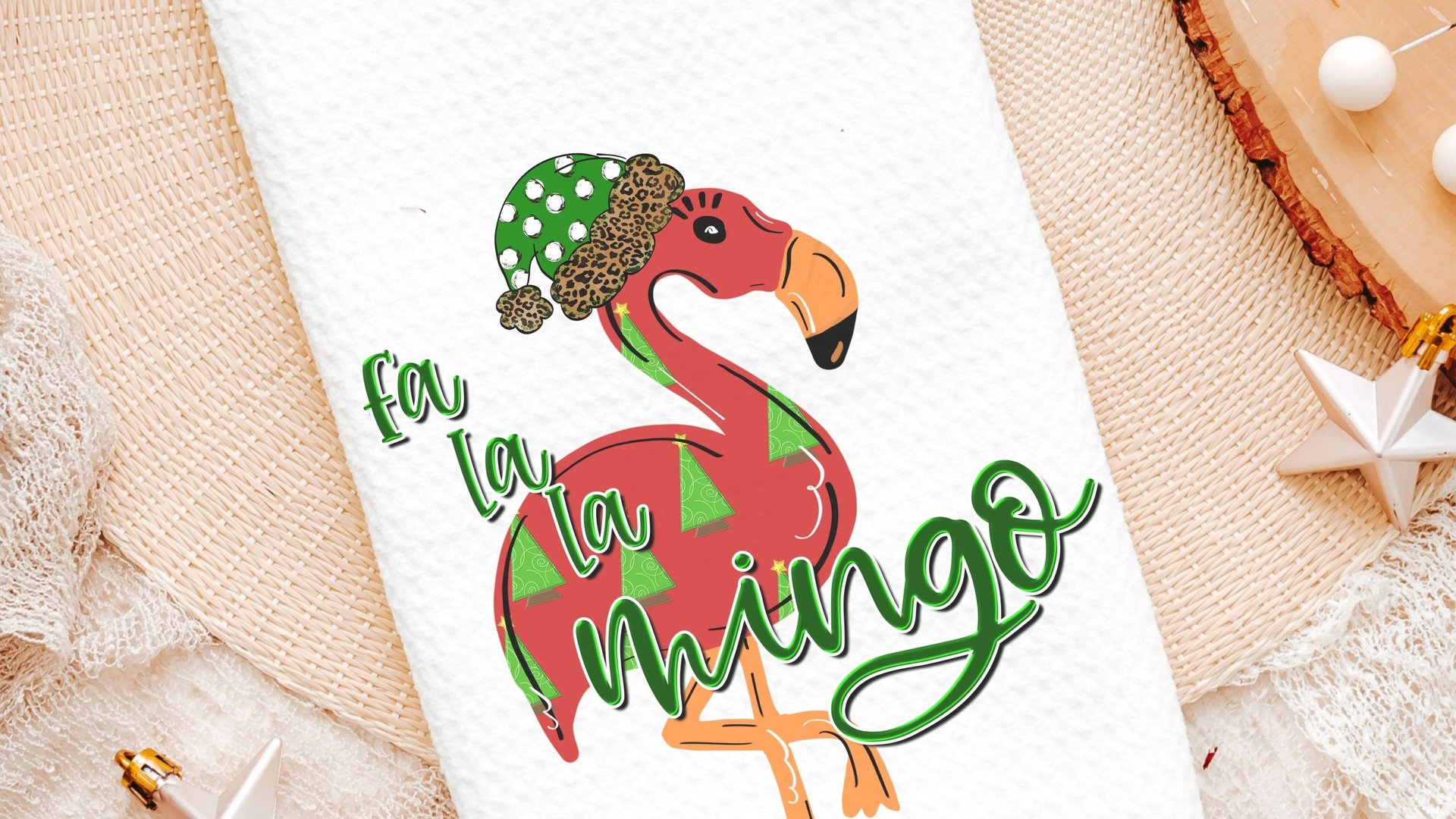 fa la la mingo funny Christmas kitchen towels for women, flamingo Christmas throw pillows for couch, cute Christmas gift set for best friend