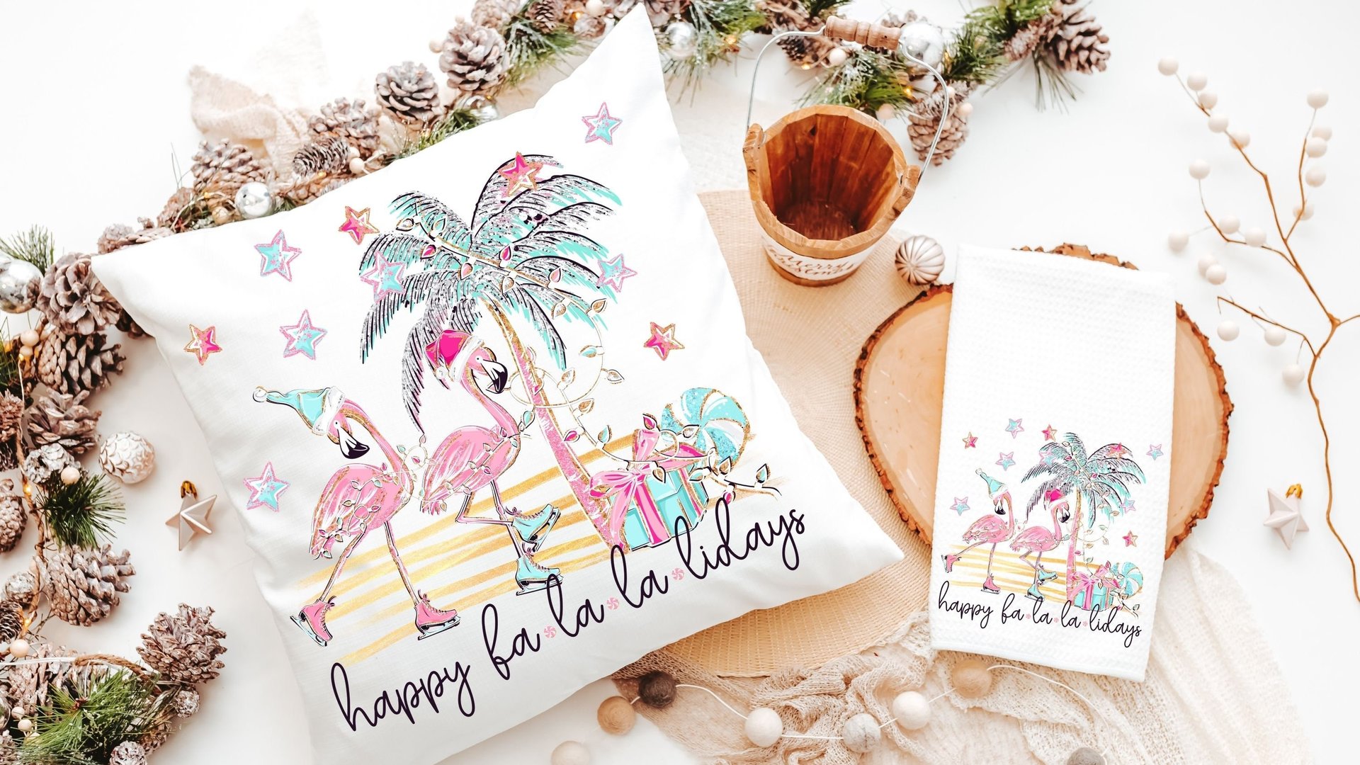 funny flamingo Christmas throw pillows for couch, beach Christmas decor for home, coastal Christmas pillow covers 18 x 18, cute Christmas