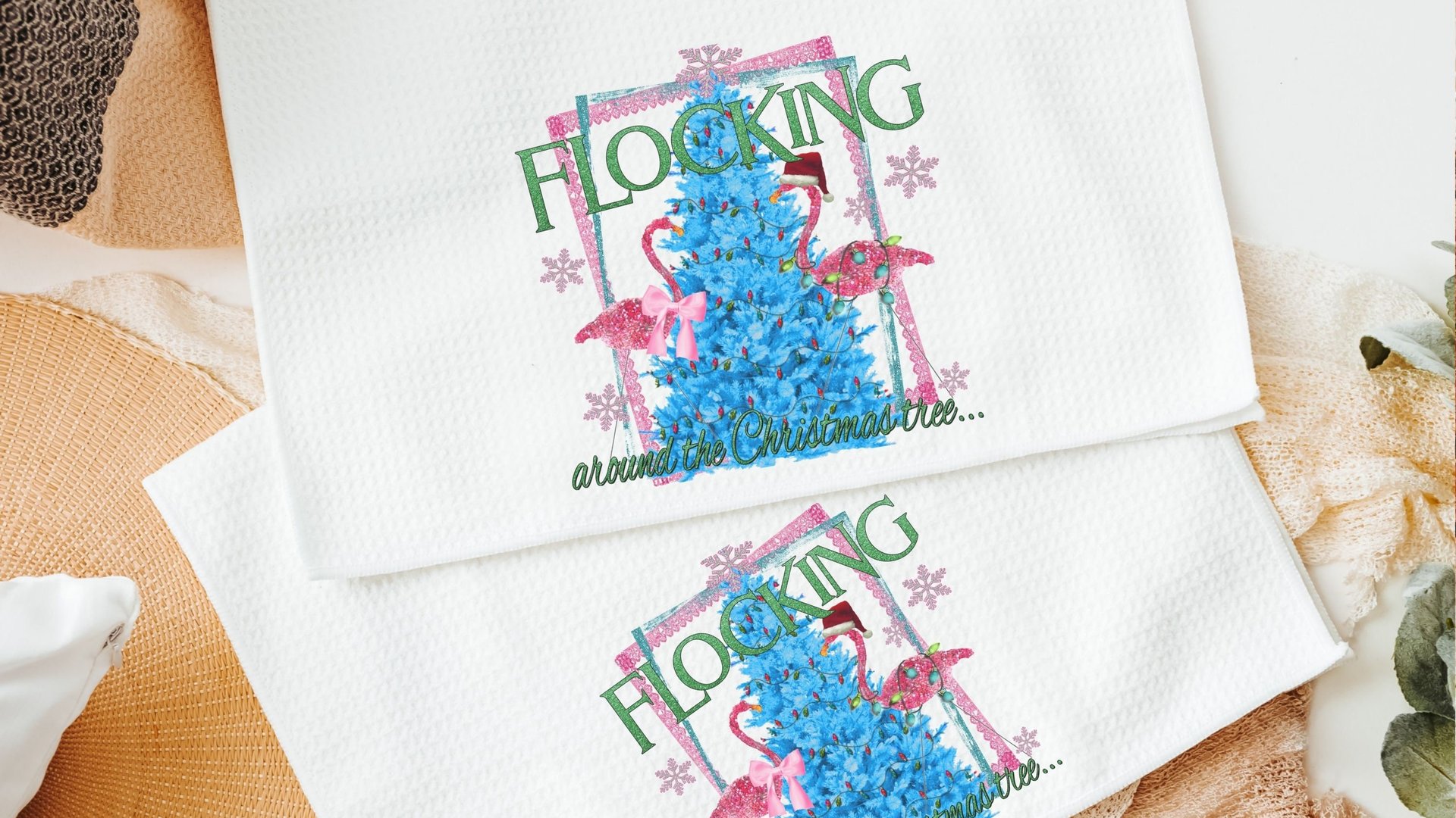 flocking around the Christmas tree flamingo pillow, beach Christmas gifts for best friend, secret Santa gifts for women, Christmas hostess