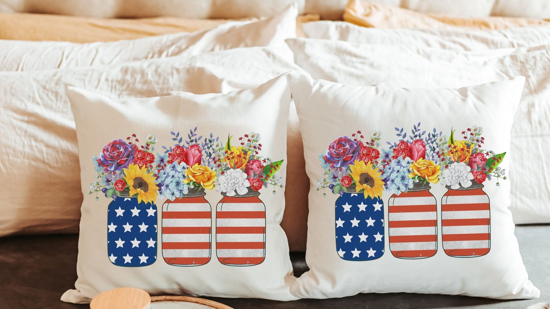 American flag mason jar red white and blue throw pillow covers for chair, 4th of July floral throw pillows for bench, patriotic decor for