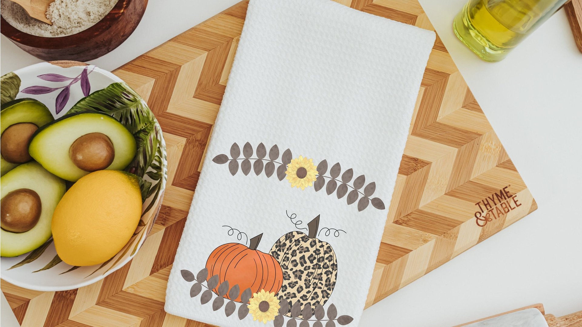 hello fall kitchen towel set, leopard pumpkin decor, sunflower gifts for Mom, new apartment gift for her, fall decorations for home, October