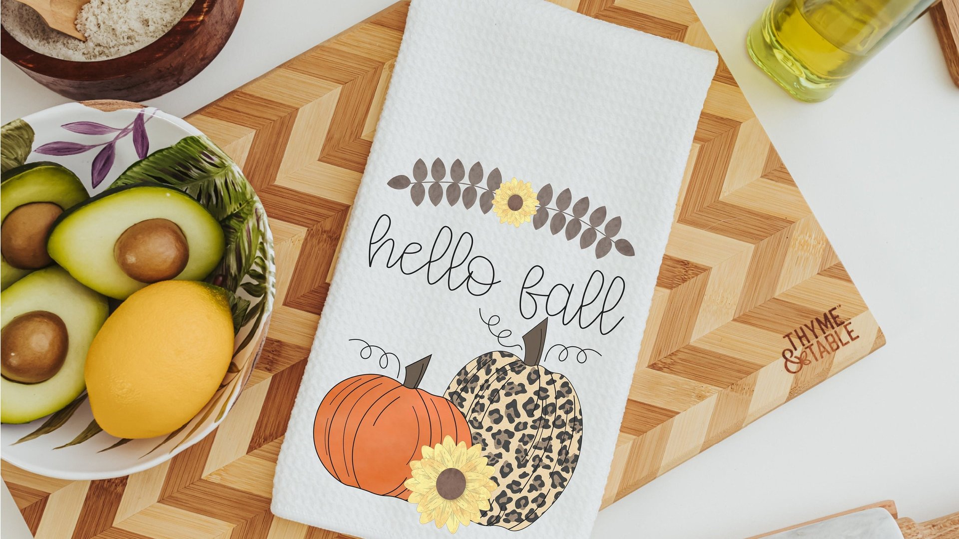 hello fall kitchen towel set, leopard pumpkin decor, sunflower gifts for Mom, new apartment gift for her, fall decorations for home, October