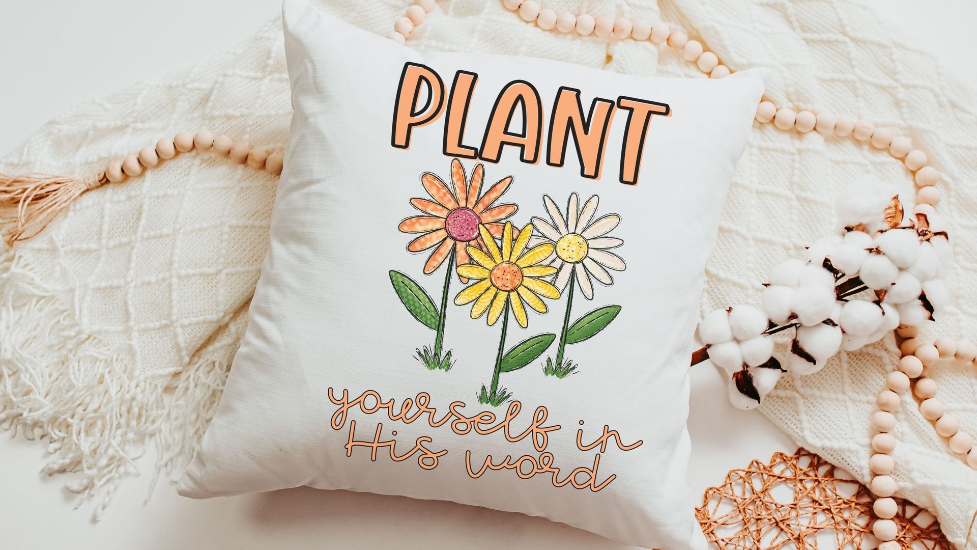 plant yourself in His word Christian throw pillows for living room, Christian Christmas gifts for gardeners, colorful daisy throw pillow