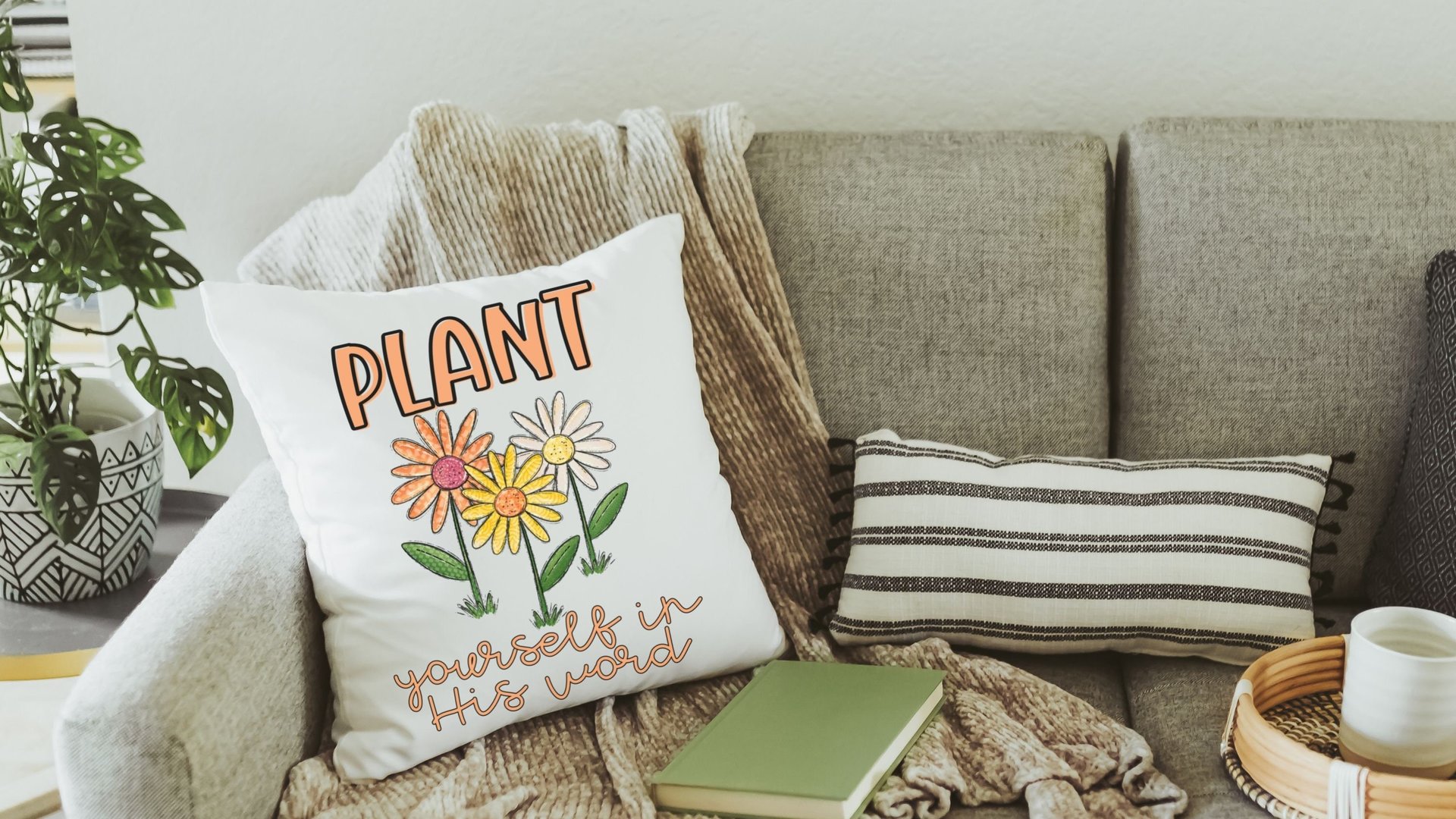 plant yourself in His word Christian throw pillows for living room, Christian Christmas gifts for gardeners, colorful daisy throw pillow