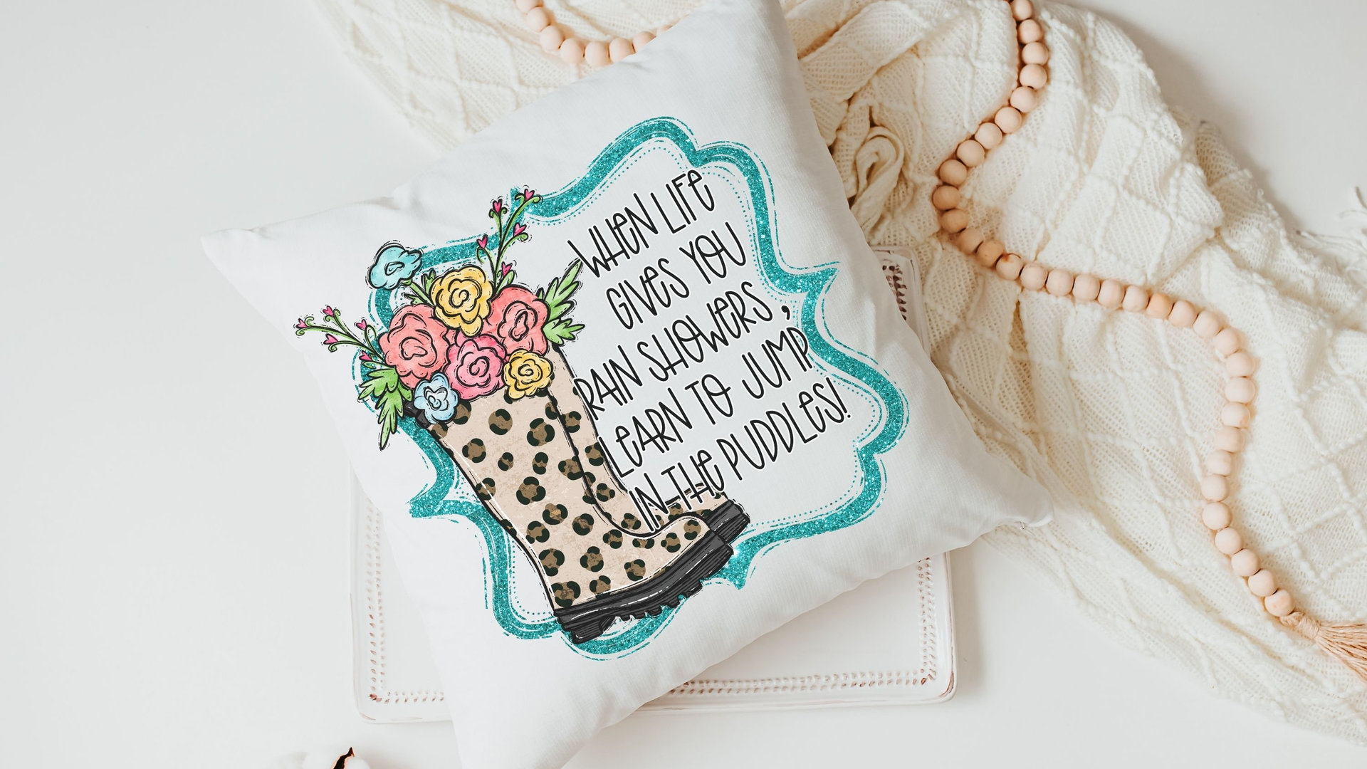 learn to jump in the puddles Spring throw pillows for couch, inspirational pillow to my daughter, whimsical kids reading nook decor, trendy