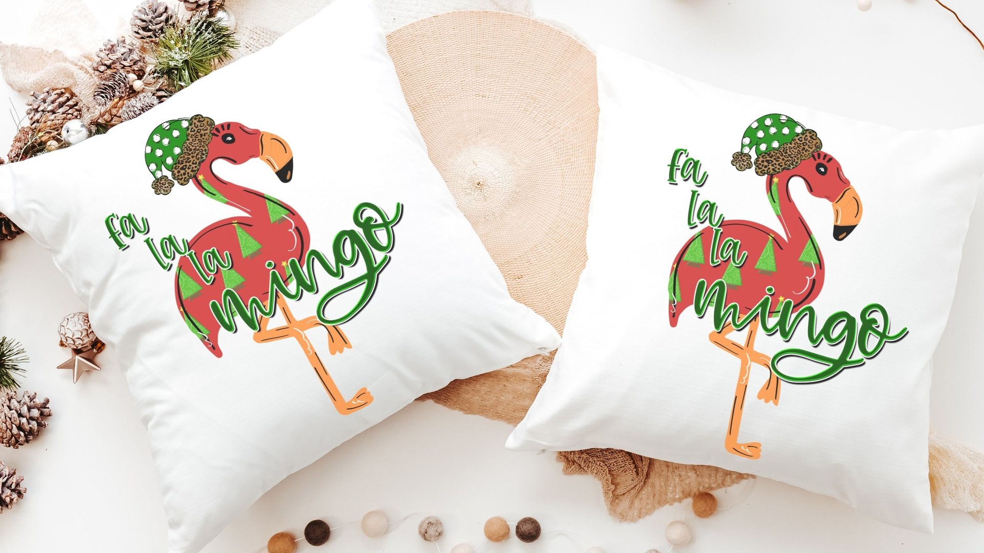 fa la la mingo funny Christmas kitchen towels for women, flamingo Christmas throw pillows for couch, cute Christmas gift set for best friend