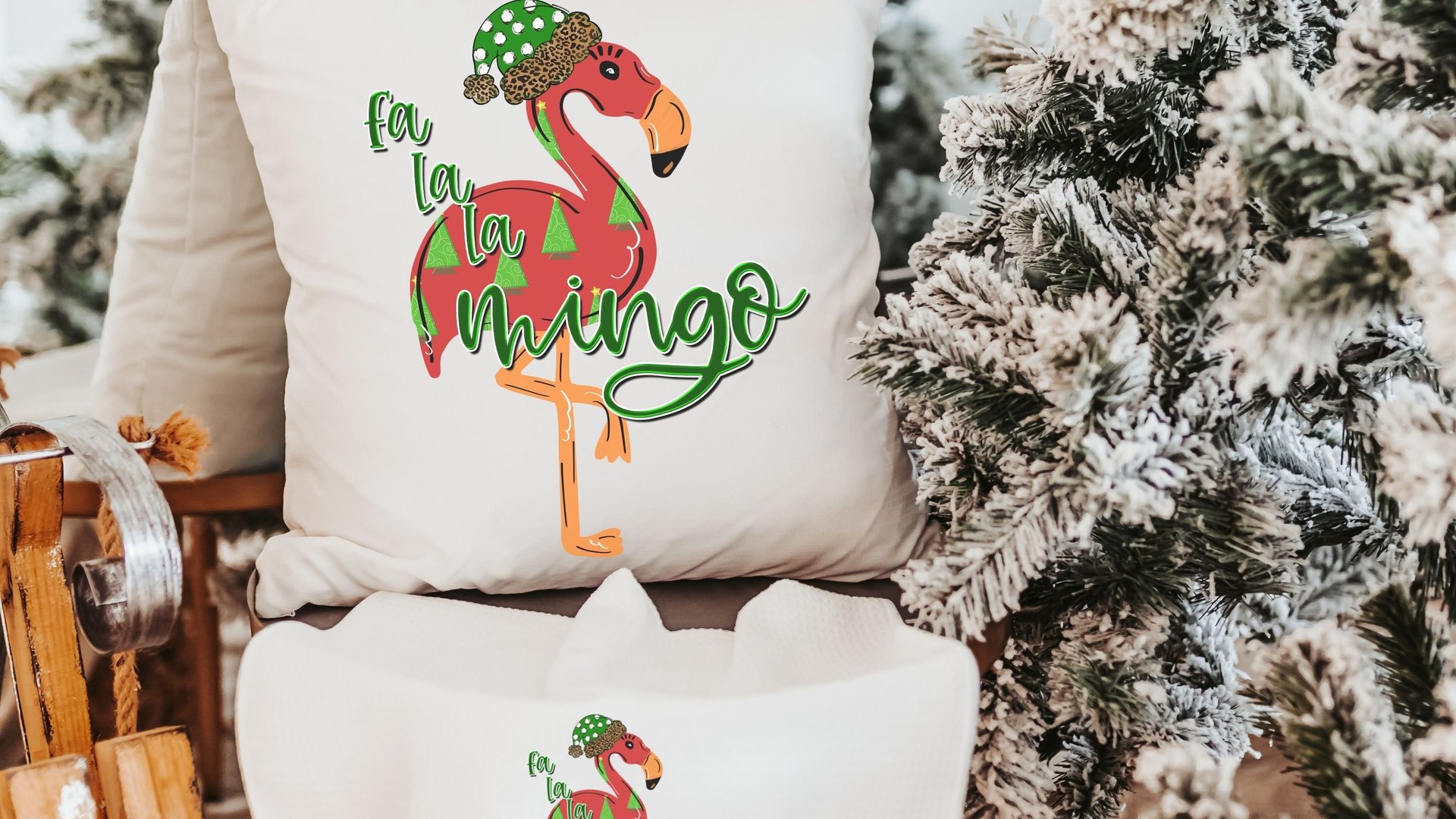fa la la mingo funny Christmas kitchen towels for women, flamingo Christmas throw pillows for couch, cute Christmas gift set for best friend