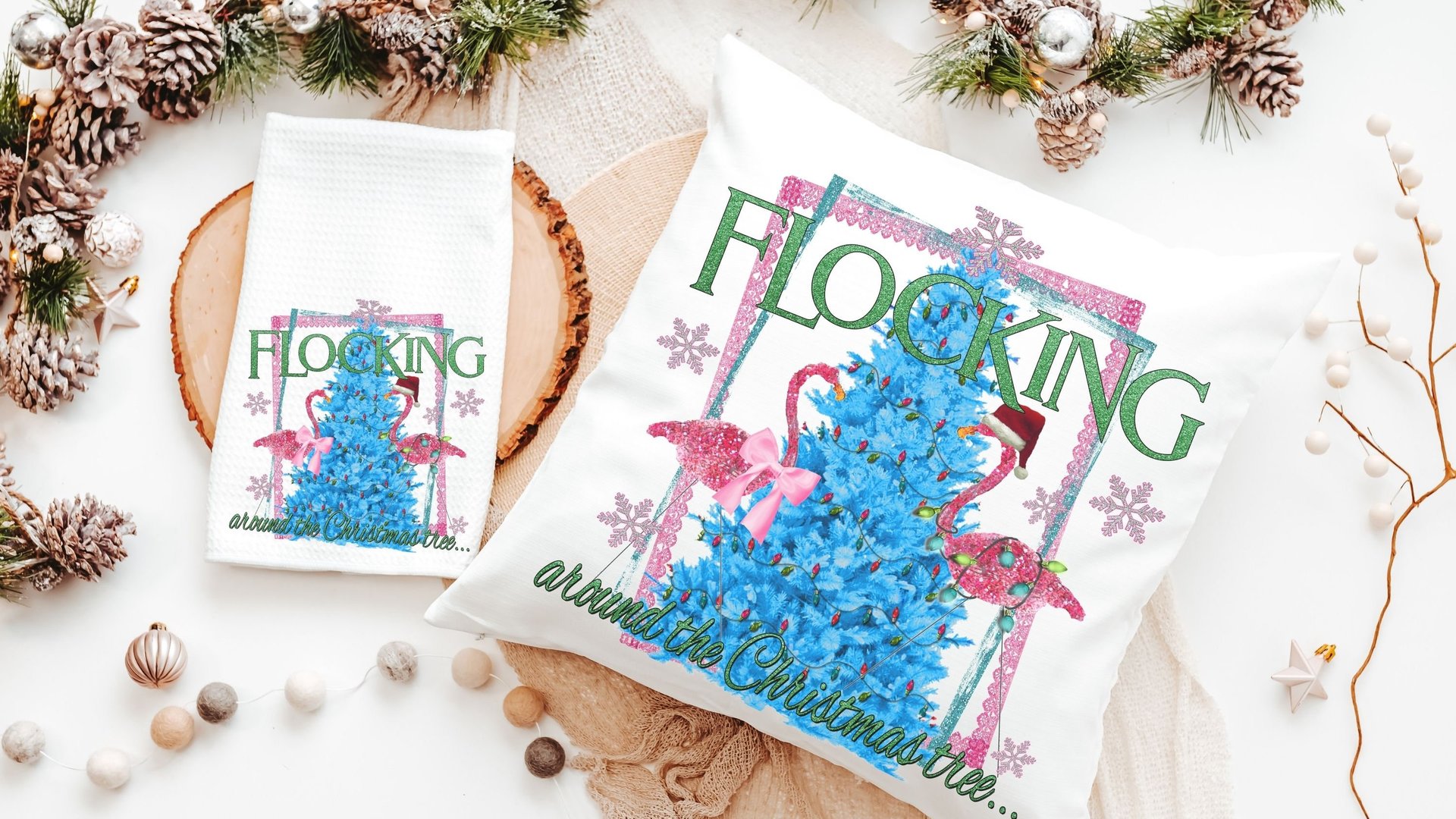 flocking around the Christmas tree flamingo pillow, beach Christmas gifts for best friend, secret Santa gifts for women, Christmas hostess