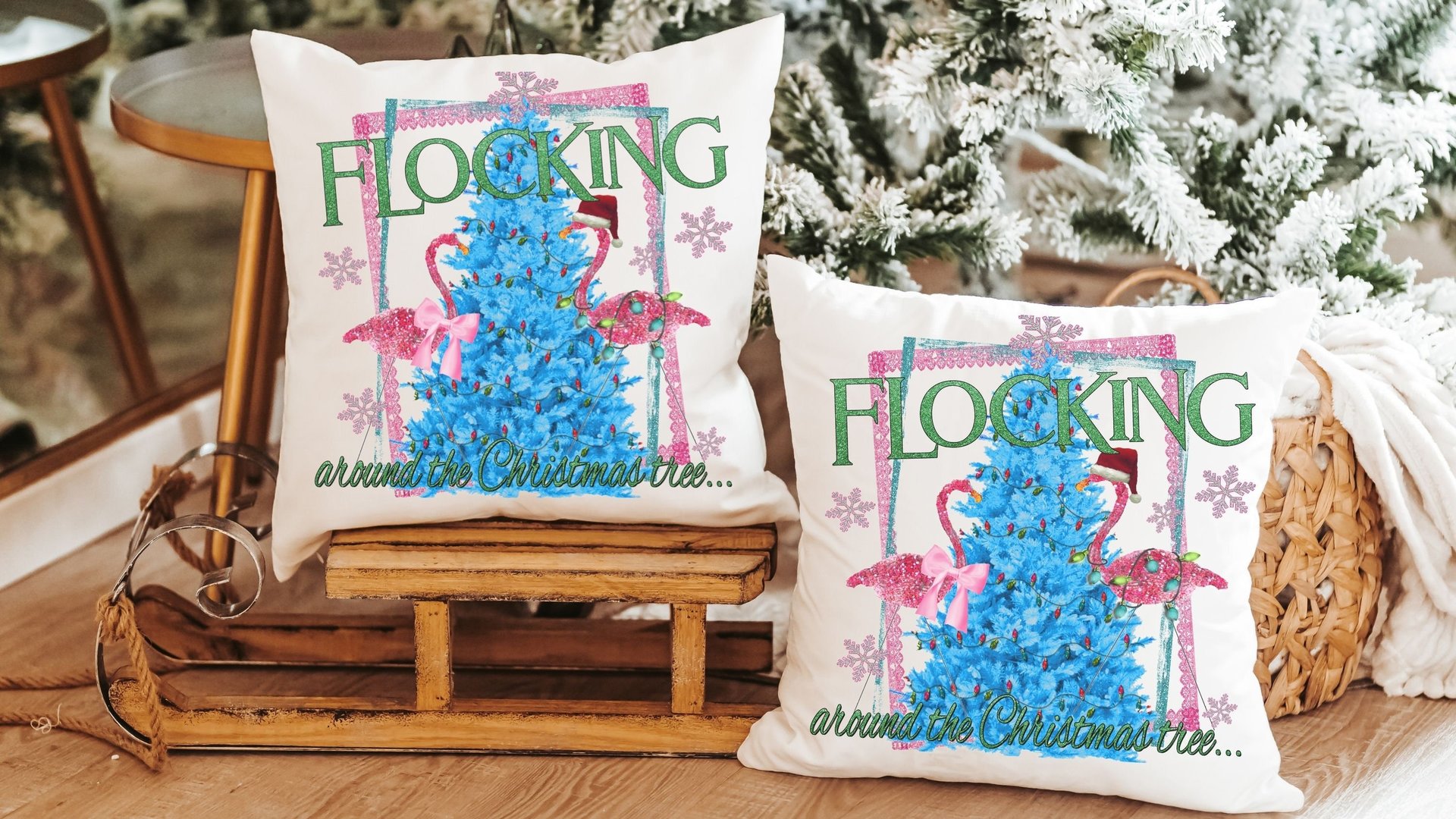flocking around the Christmas tree flamingo pillow, beach Christmas gifts for best friend, secret Santa gifts for women, Christmas hostess
