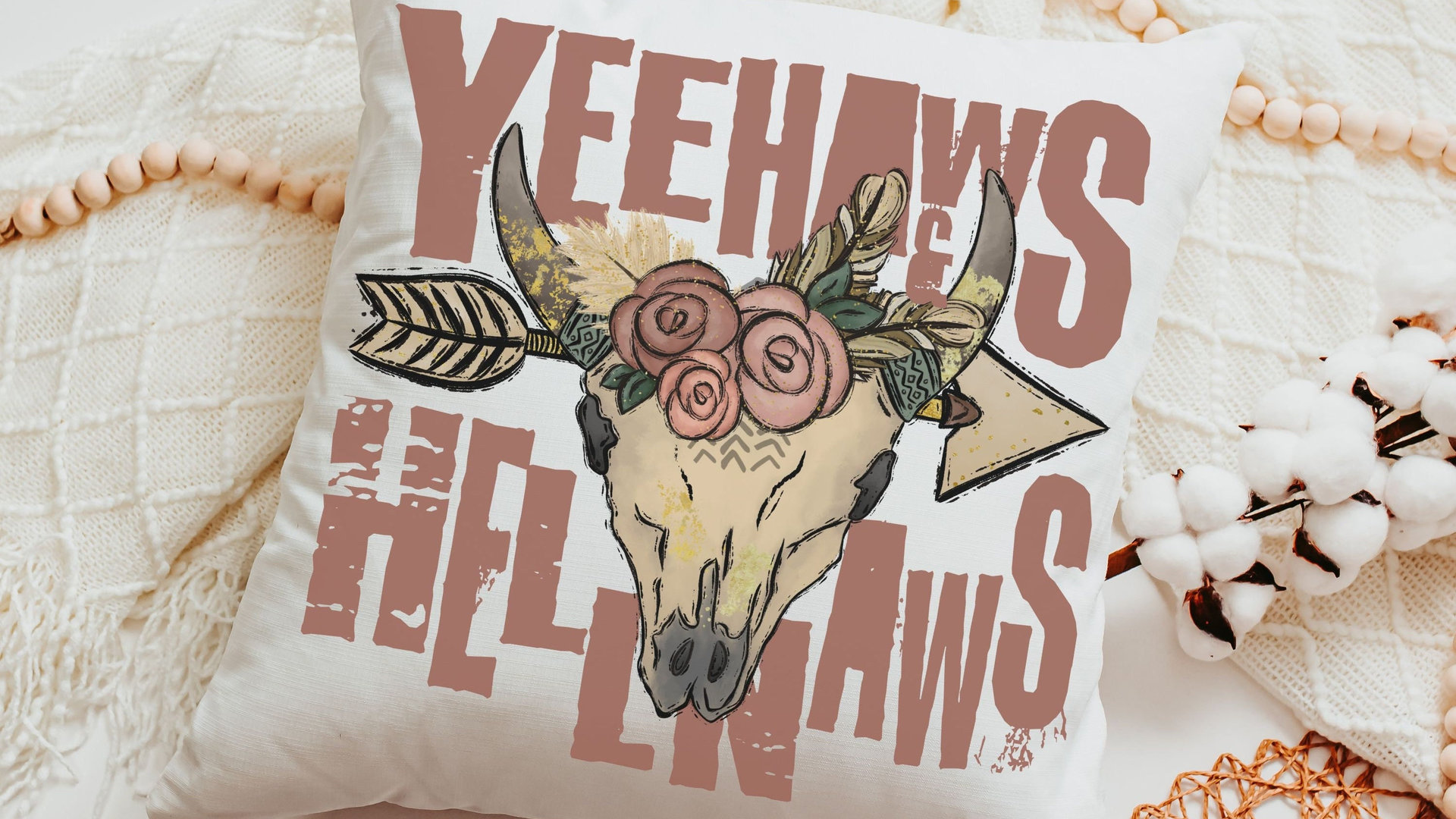 yeehaws and hellnaws boho throw pillows for couch, college dorm decor for girls, southwestern decor for home, floral skull dorm pillows for