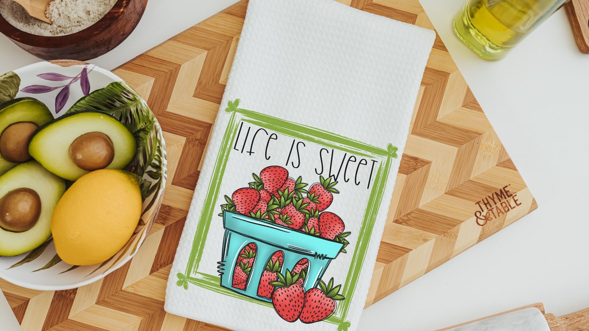 strawberry kitchen towels for Spring, life is sweet kitchen hand towels, summer decor for home, fruit kitchen decor, cute dish towels for
