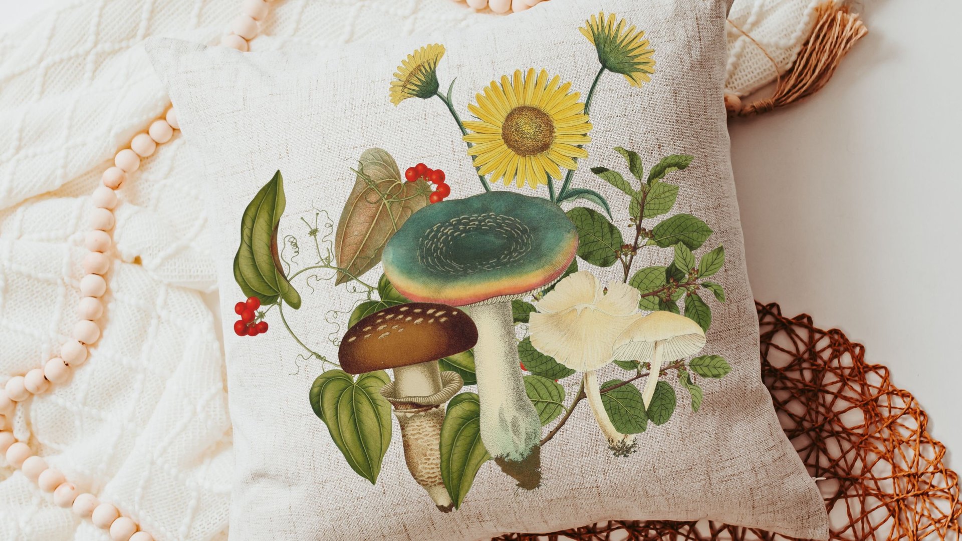 mushroom throw pillow for couch, toadstool decor, mushroomcore green academia mushroom kitchen towels, new apartment gift for her, nature
