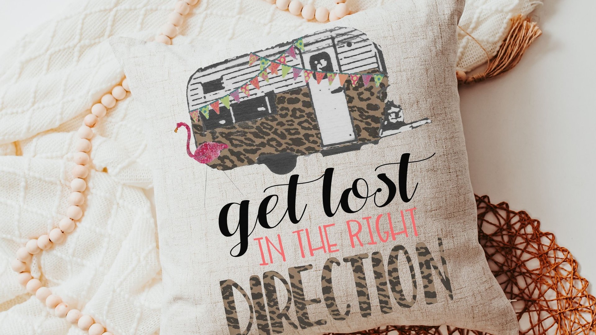 get lost in the right direction inspirational throw pillows for couch, summer road trip RV decorations for inside, glamping bachelorette
