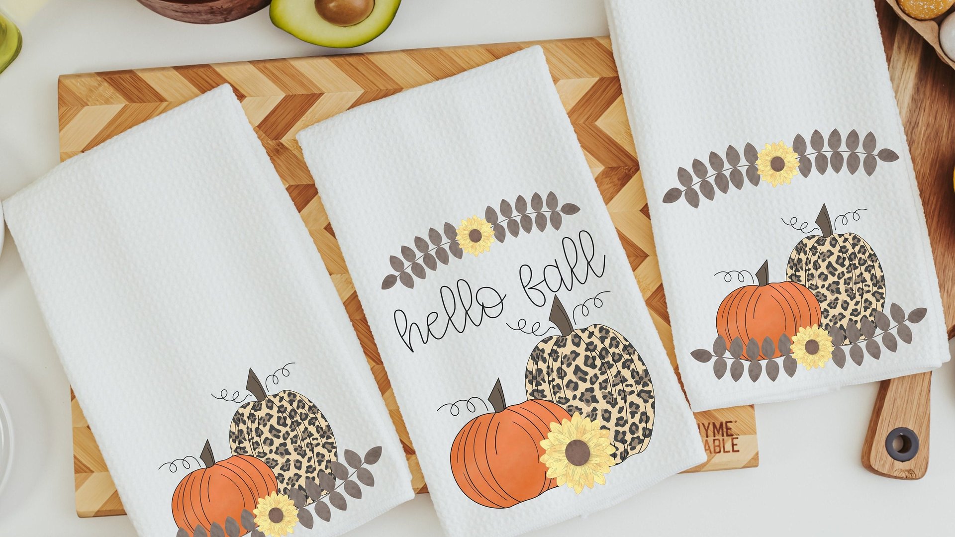 hello fall kitchen towel set, leopard pumpkin decor, sunflower gifts for Mom, new apartment gift for her, fall decorations for home, October